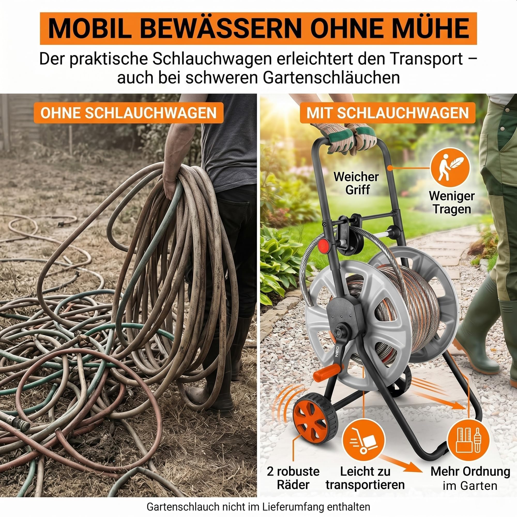 NEO TOOLS Garten Schlauchwagen bis 60 m Gartenschlauch (1/2") - Schlauchtrommel aus Metal | Verhindert Schlauchknicken, Stabil und Langlebig, Rutschfester und Klappbarer Griff, Metallrahmen