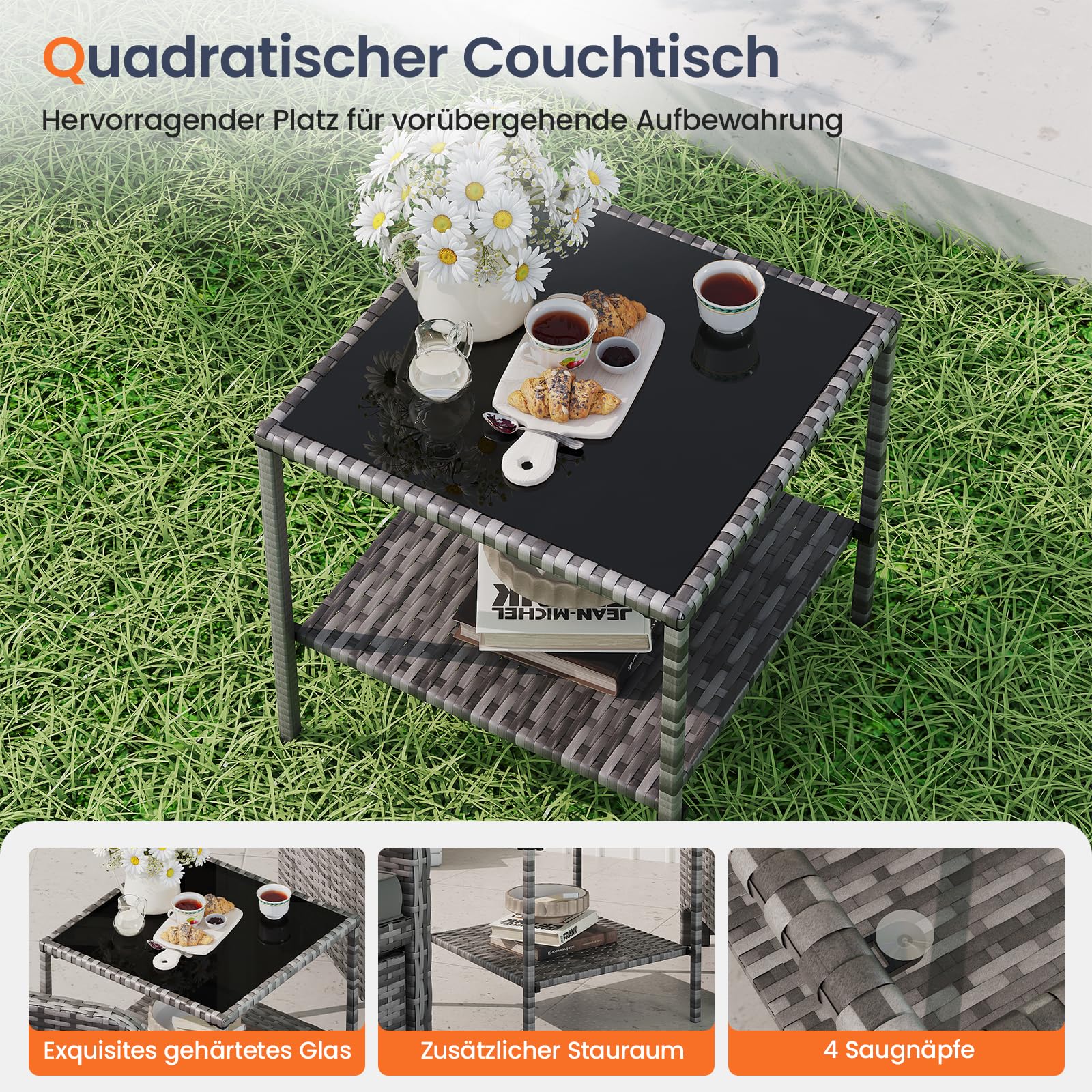 UDPATIO 5-TLG. Rattan Gartenmöbel Set, Balkonmöbel für Kleinen Balkon, inkl. 2 Gepolsterte Sessel, 2 Hocker, 2-stöckiger Kaffeetisch, Wetterfeste Terrassenmöbel für Garten, Terrasse (Grau-meliert)
