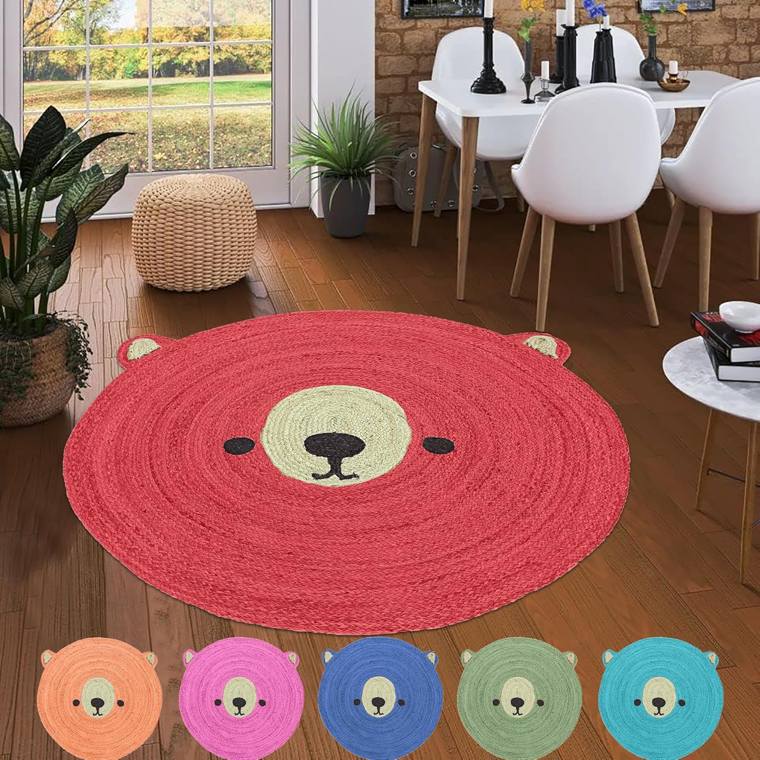 Kilim Rug 4' Round Area Rug Red & Beige Teddy Bear Cartoon Braided Jute Rug Indoor Outdoor Rug Flatweave Rug High Traffic Area Bedroom Bedside Round Dining Side Kitchen & Yoga Mat