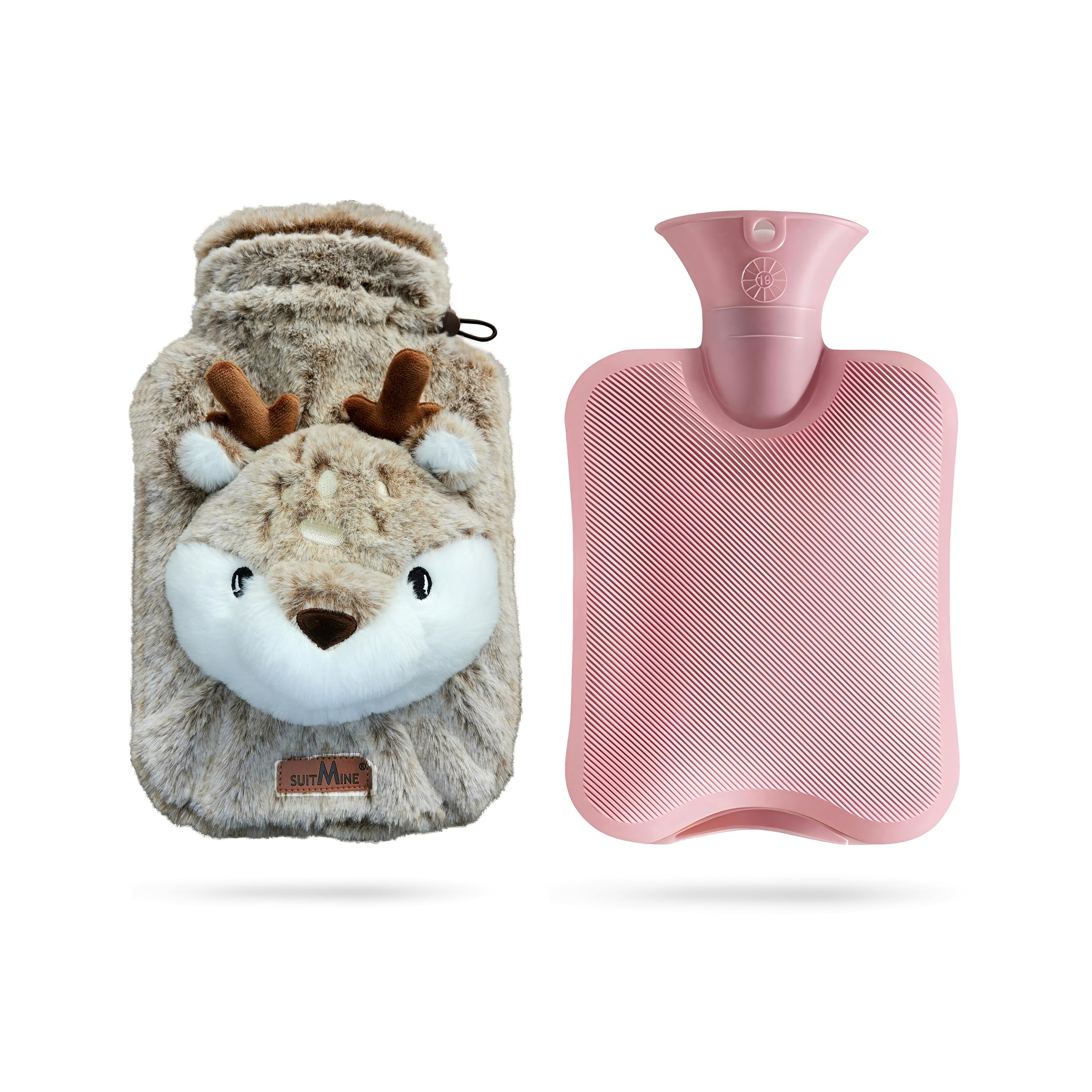 suitmine Hot Water Bottle PVC 2L Leak-Proof with Removable Plush Cute Deer Cover for Pain Relief Hot and Cold Therapy,Hands Feet Abdomen and Neck Warmer,Cord Lock,Brown