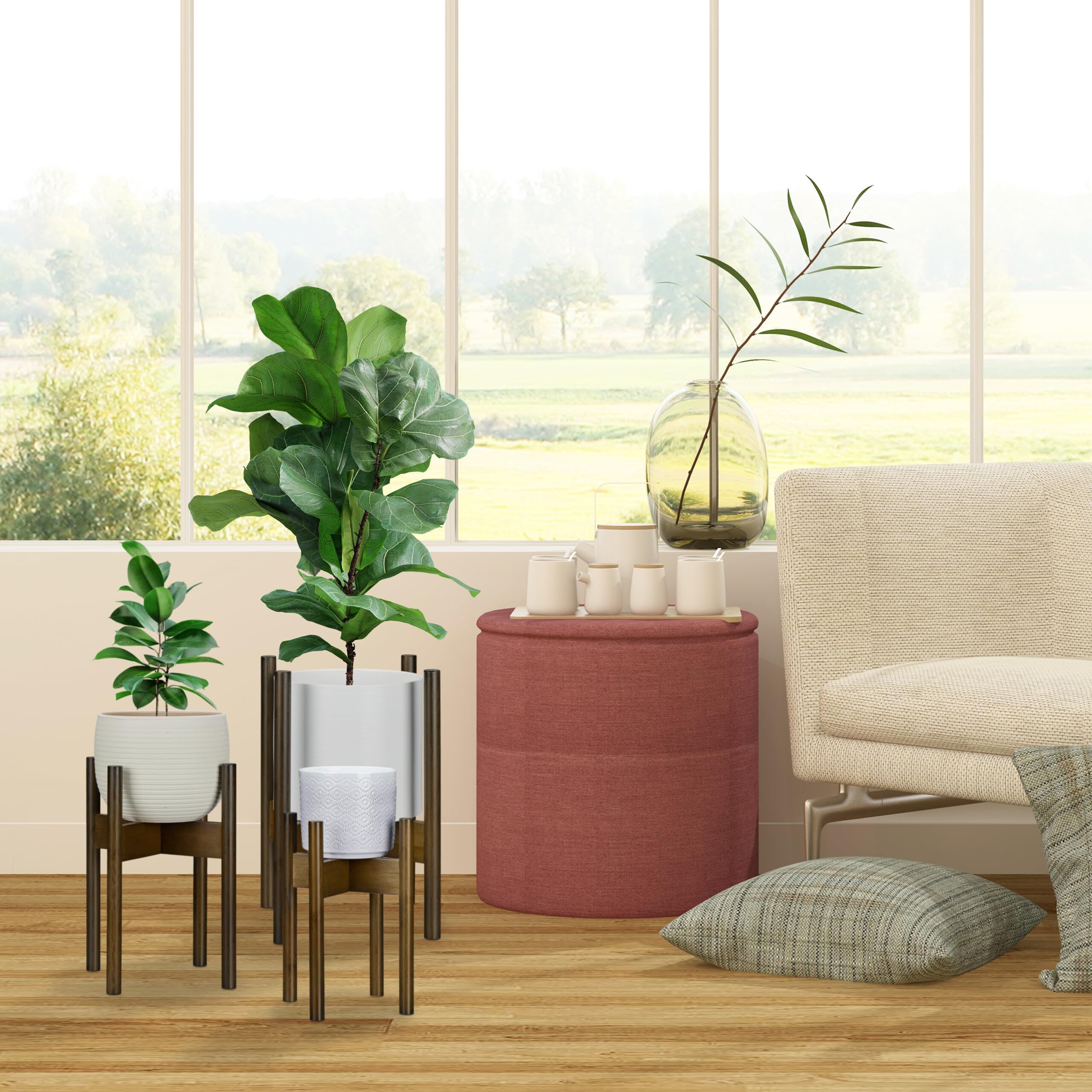 Relaxdays Support pour Pot de Fleurs, Lot de 3, D: 20 cm, Porte-Plante, Meuble pour Plantes, Bambou, Marron