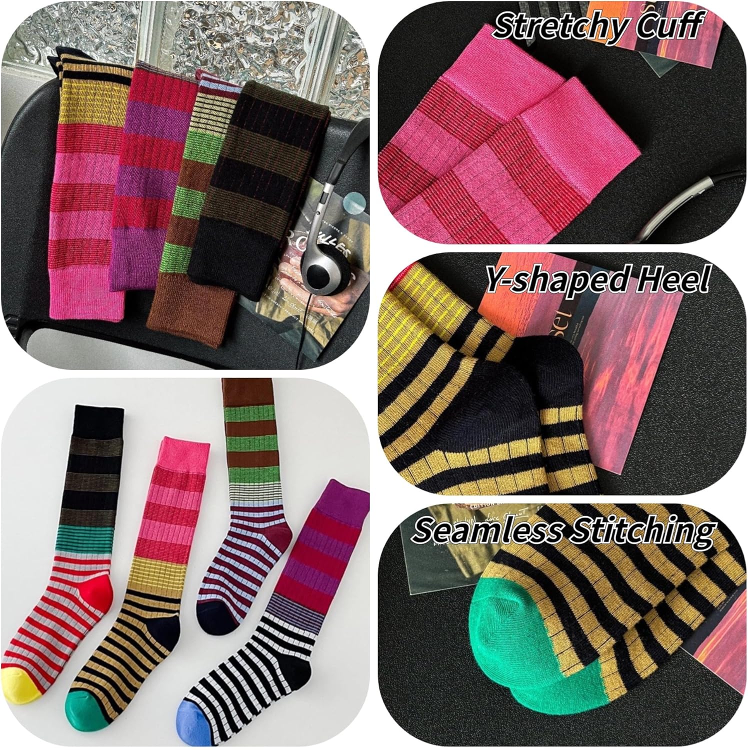 4/5 Pairs Retro Style Colorful Striped Knee High Socks for Women Soft Cotton Stockings for Sports and Daily Wear - Image 4