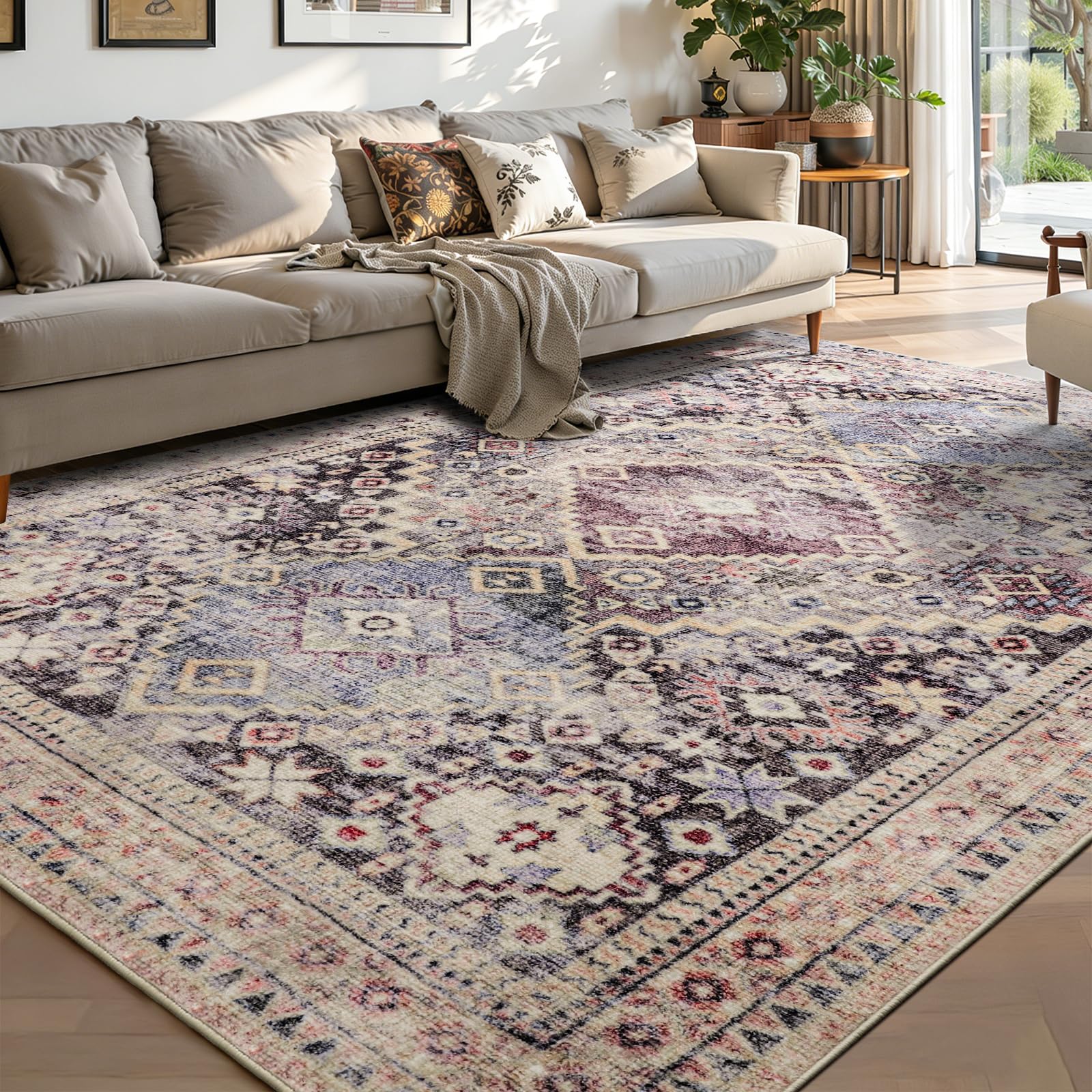 YOH Boho Washable Rug 5x7, Mauve Grey Vintage Non Slip Area Rug, Distressed Indoor Carpet for Living Room Bedroom Kitchen Office