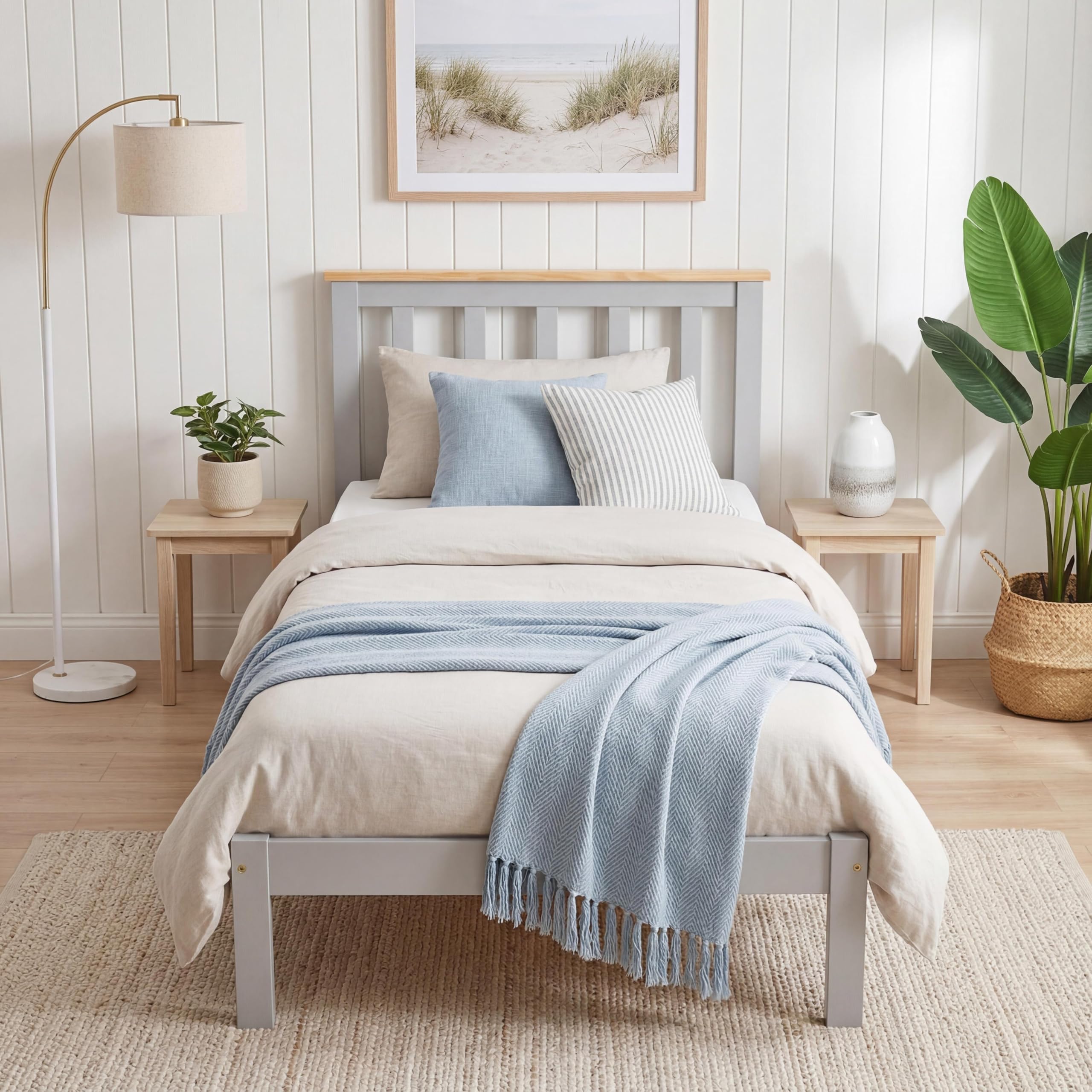 Panana Single bed in Grey/Natural, Wooden Bed Frame with headboard, Solid Wood 3ft Bed Frame, 90x190cm (Grey + Natural)