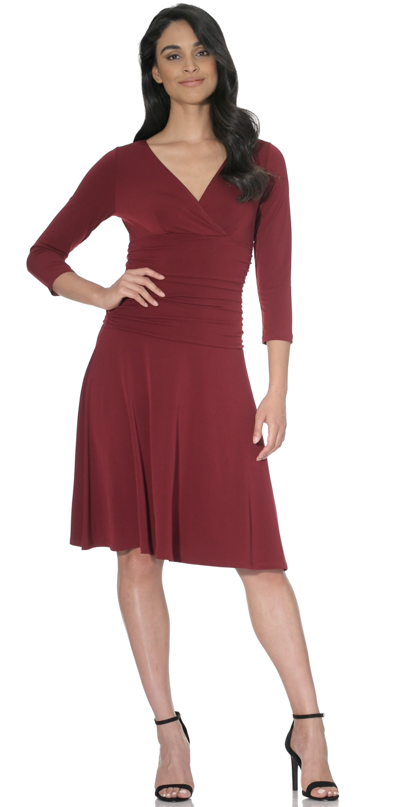 Rekucci Women's Slimming 3/4 Sleeve Fit-and-Flare Crossover Tummy Control  Dress (2, Black) at Amazon Women's Clothing store