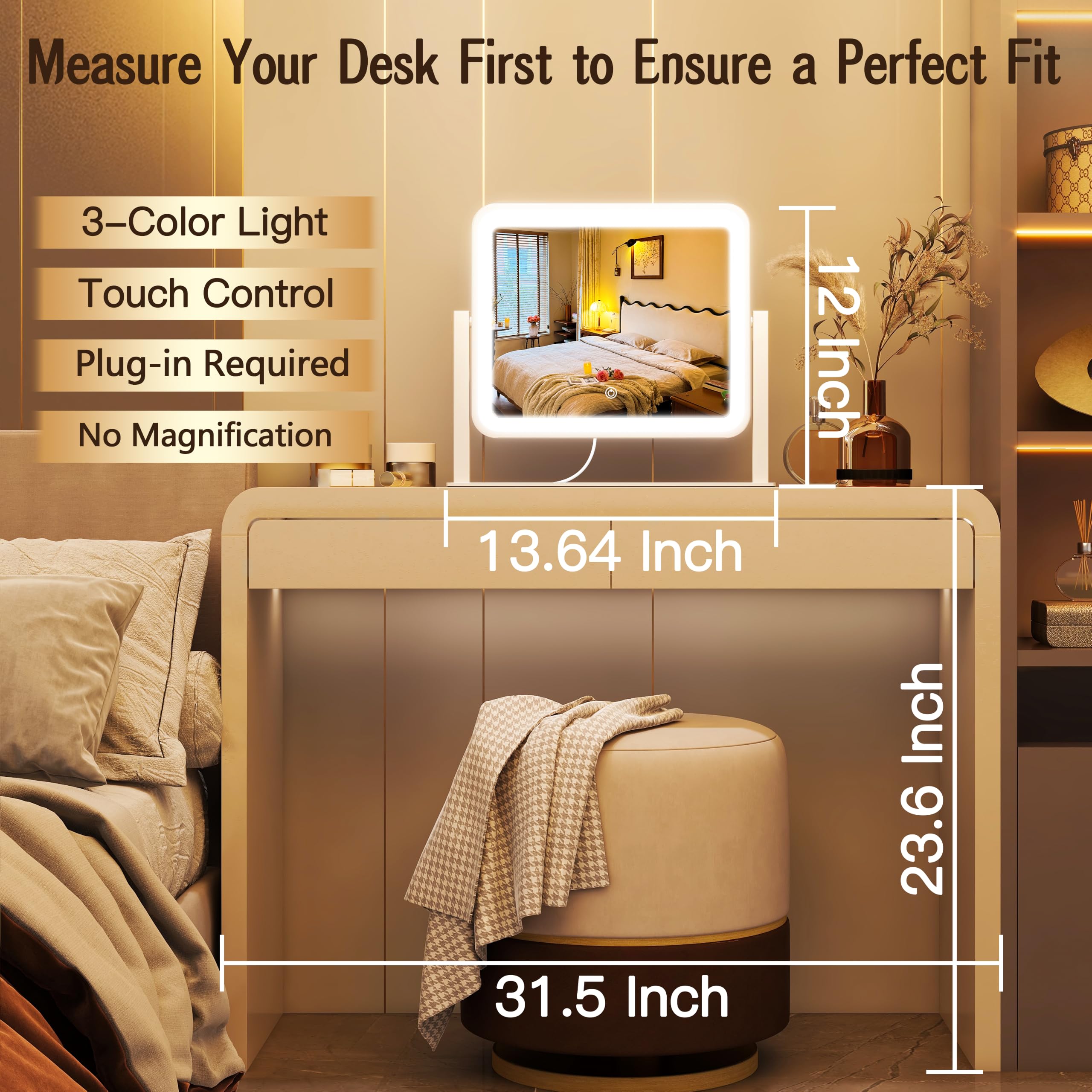 Lighted Makeup Mirror with Touch Control, 3 Color Modes & Dimming