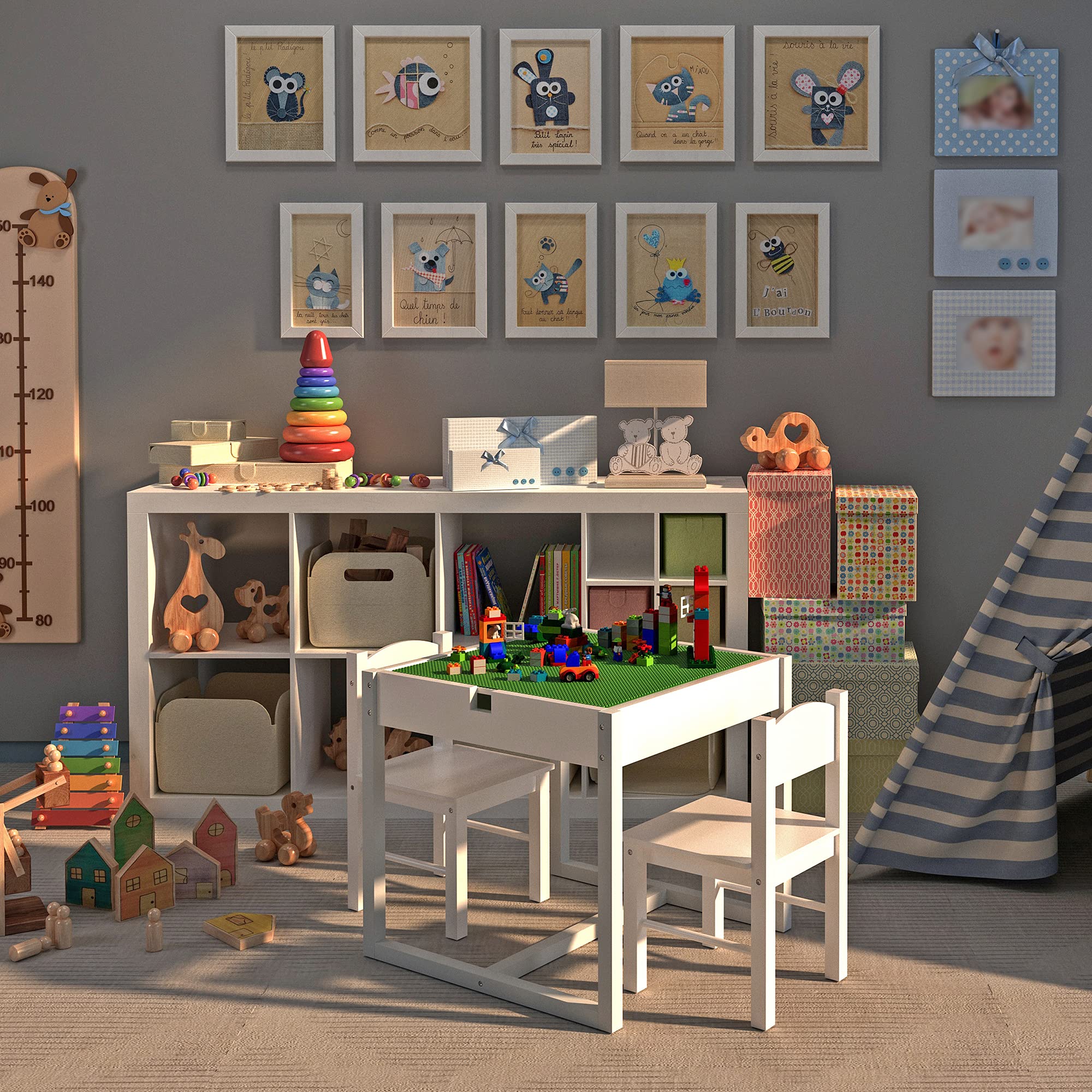 Juego de mesa para niños 3 en 1 para 2, mesa y sillas para niños, mesa de actividades para niños pequeños con almacenamiento oculto, escritorio de madera para edades de 3 a 7 años, color blanco y 2
