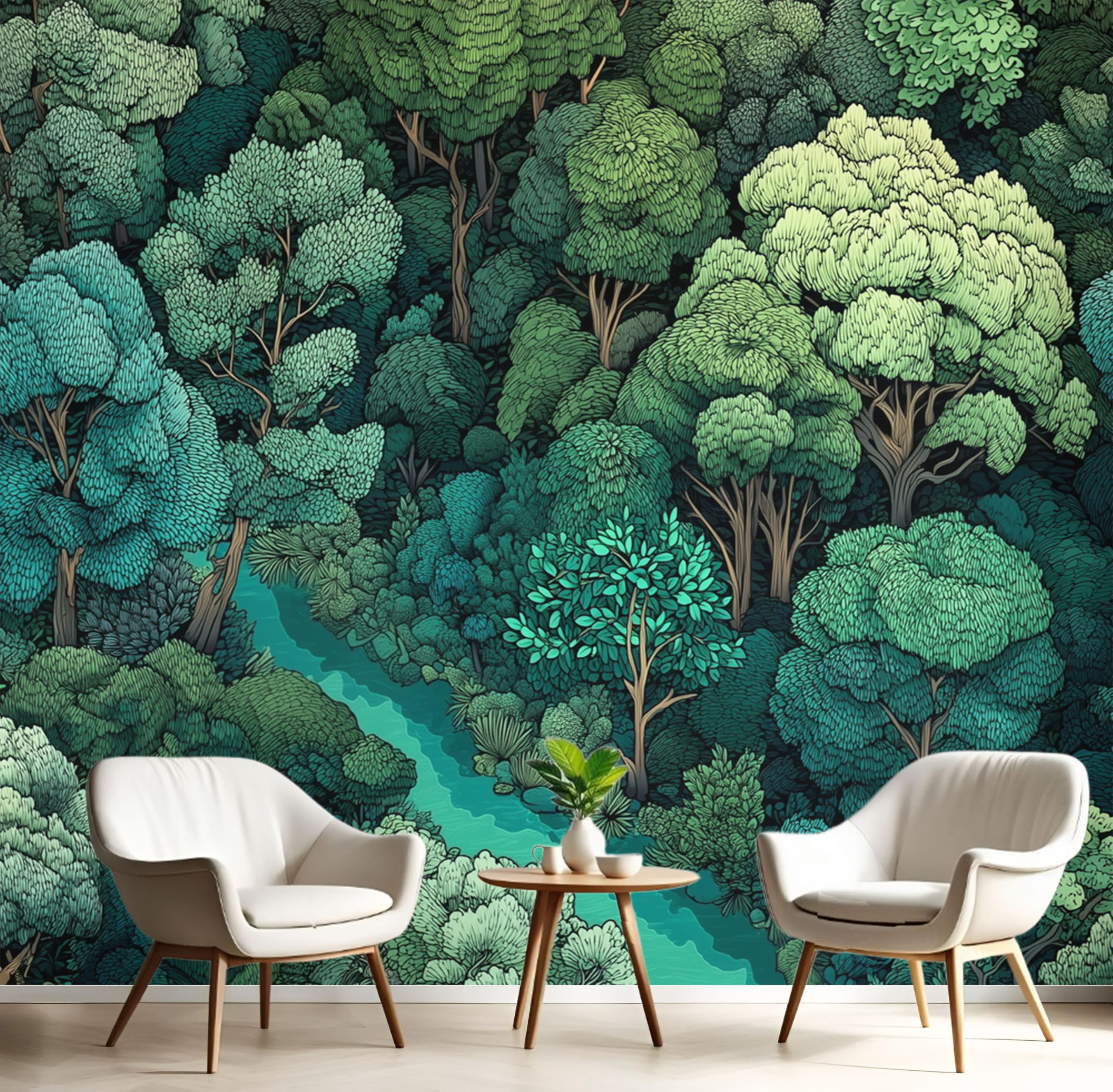 Papier peint forêt fluviale 350x256 cm pour une chambre parentale apaisante