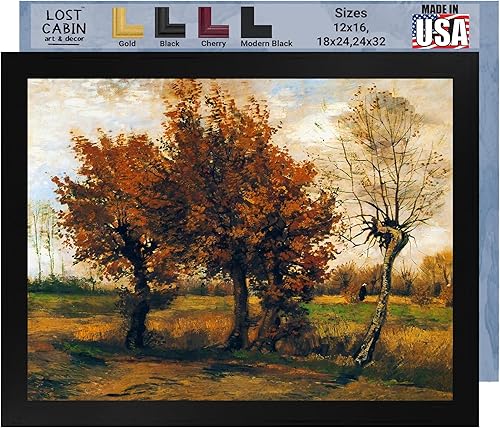 Paisaje otoñal de cabaña perdida con cuatro árboles de Vincent Van Gogh  Impresión enmarañada en marco plano negro  Reproducción de pinturas de