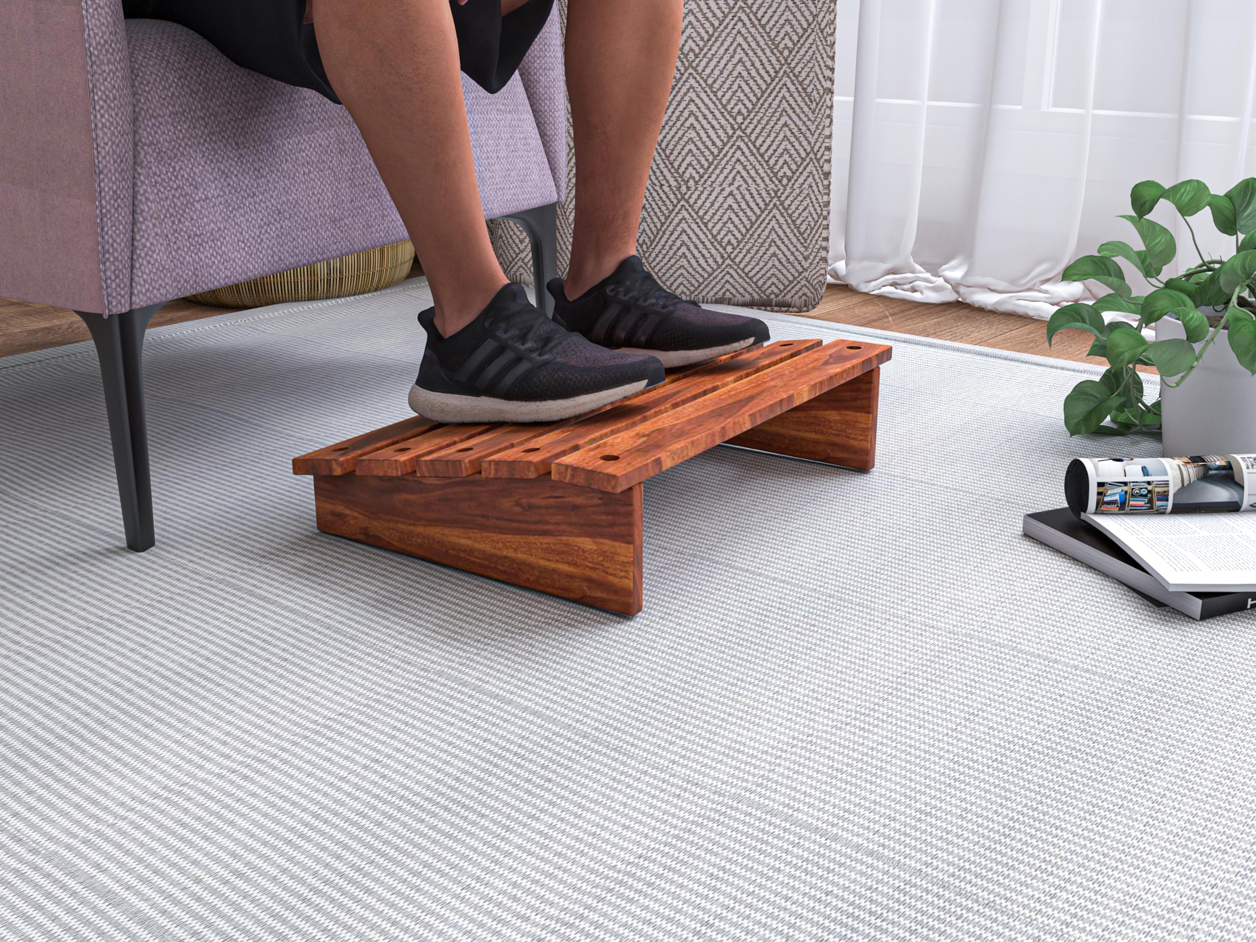 Sabta Solid Wood FootRest For Home | Under Desk Portable Step Stool For Office | Foot Stool W/Slatted Chair For Study Room | Angled Posture Support Stool | Rosewood, Honey