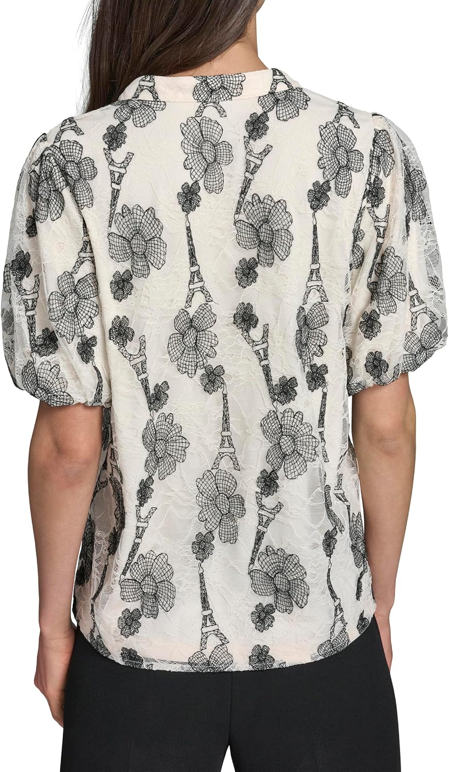 Karl Lagerfeld Women's Short Sleeve V-Neck Whimsical All Over Floral Lace Blouse