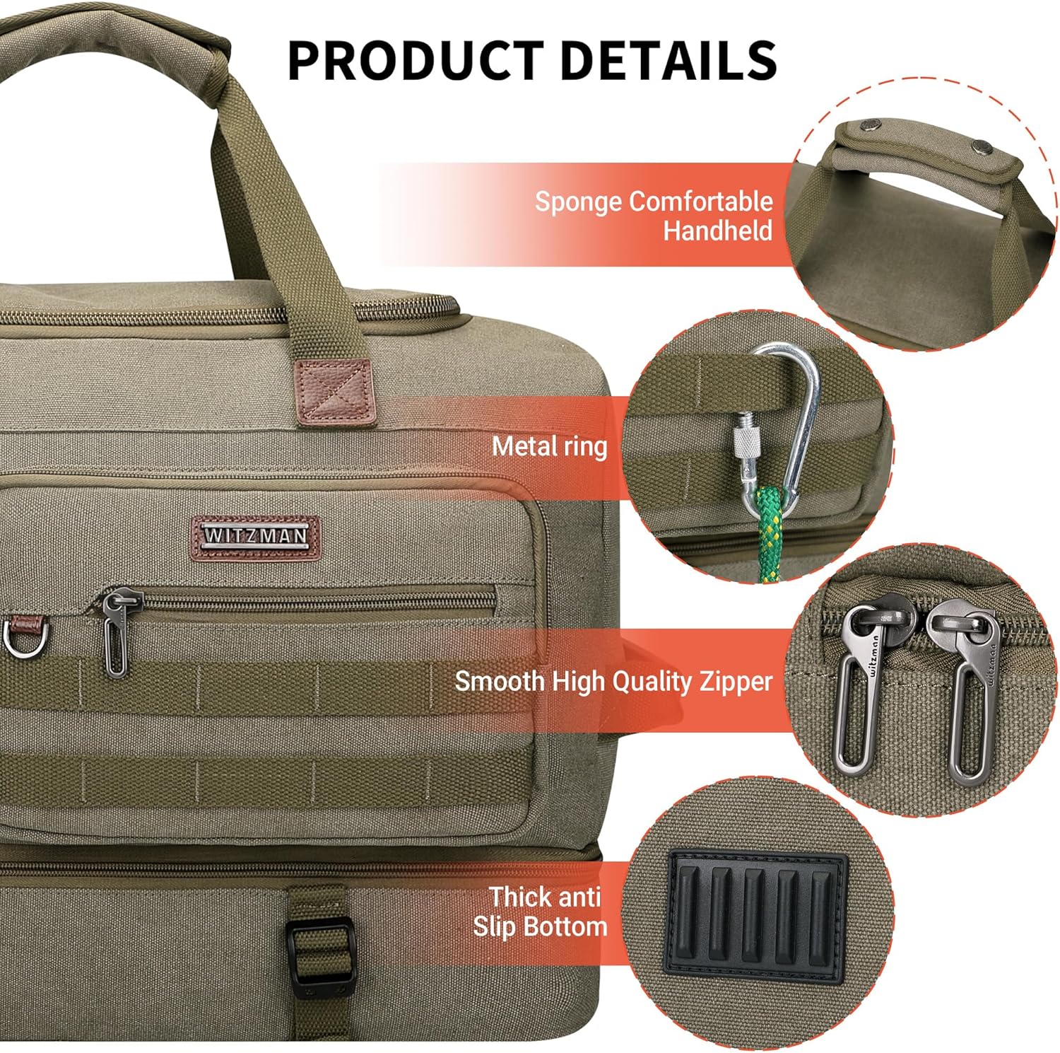 WITZMAN Duffle Bag for Men 50L Canvas Weekender Overnight Bag with Toiletry Bag Sets Travel Duffel Bag Shoes Compartment(A8010/2 Army Green)