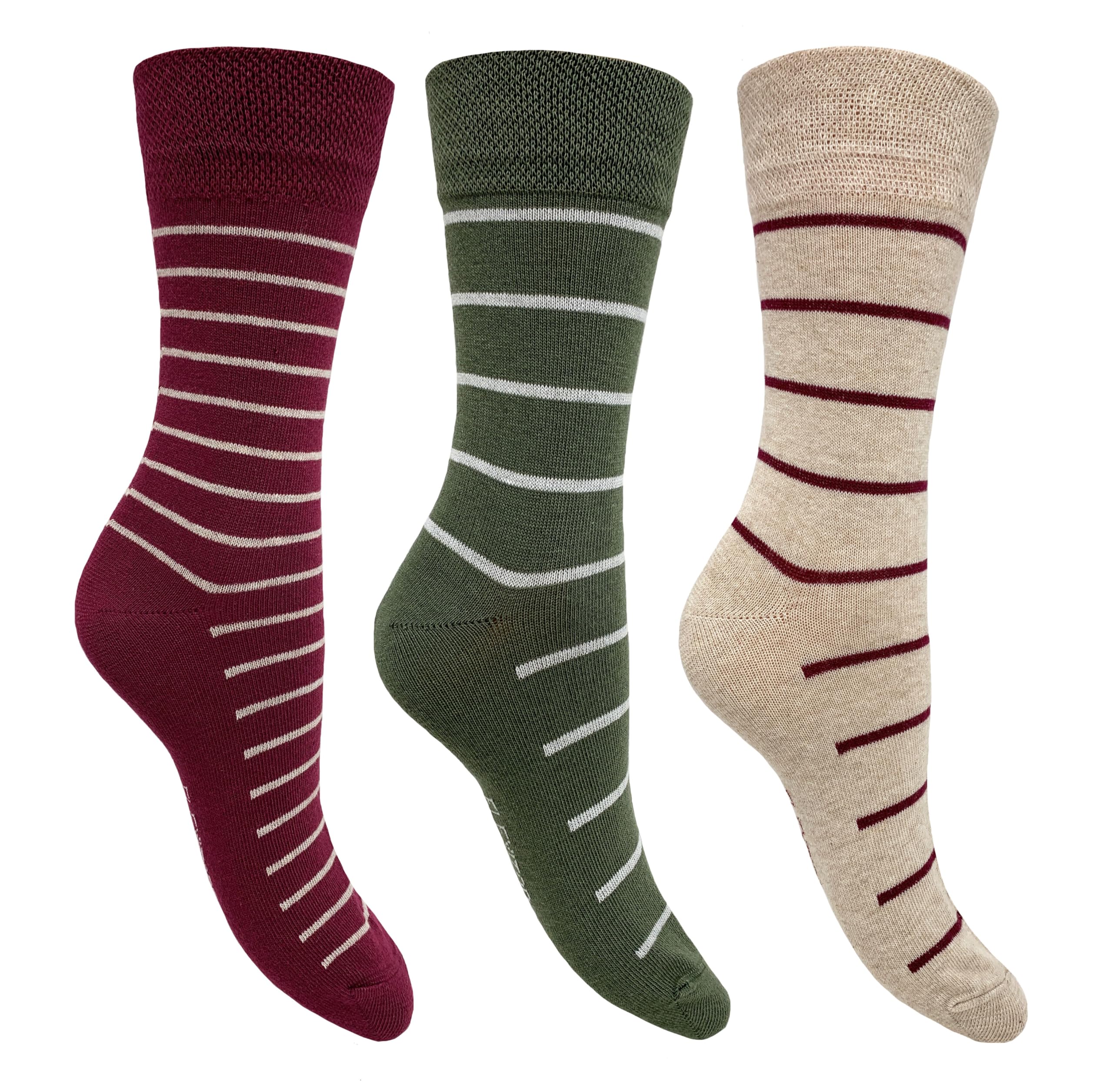 Flexitop Ladies Design Socks | 3 Pairs | U.K. Size 4-7 | Ladies Design Socks, soft hold, comfort ladies socks, gentle grip socks. (Assorted Stripe)