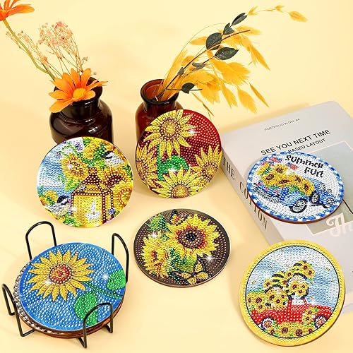 Miniatura 2 de 8 posavasos de diamante de girasol con soporte, posavasos de arte de diamante, pequeños manualidades para adultos, kits de arte de diamantes