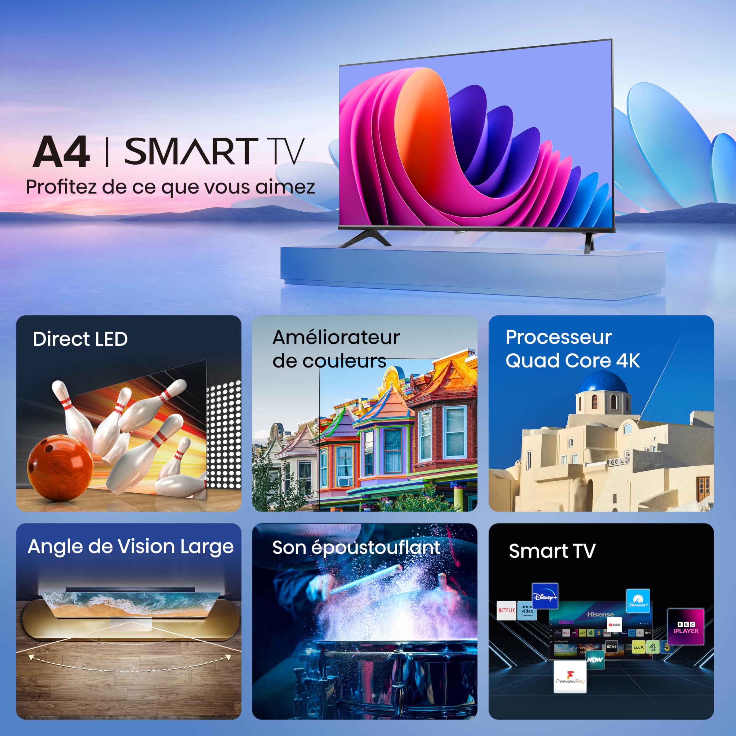 Hisense Téléviseur connecté 32 Pouces 32A4Q - Full HD 60Hz, Mode Sport IA, Dolby Audio, VIDAA OS avec Youtube, Netflix, Canal +(Modele 2025)