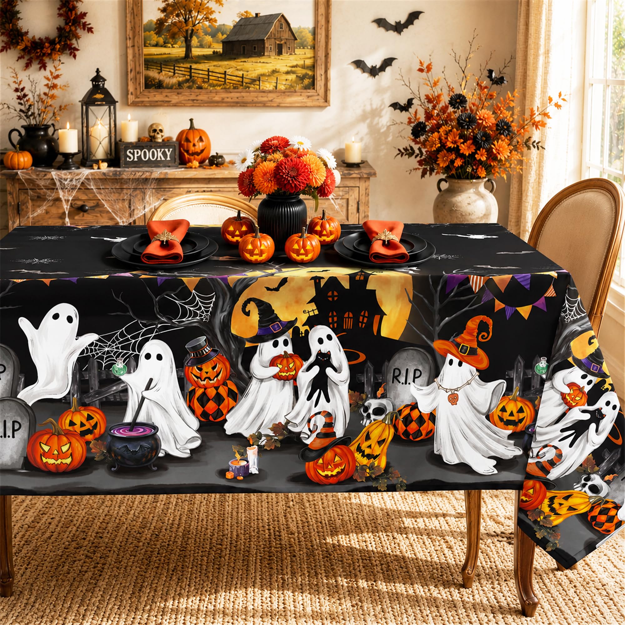 Arquiel Halloween Boo Polyester Tablecloth, Pumpkin Castle, 140 x 180 cm