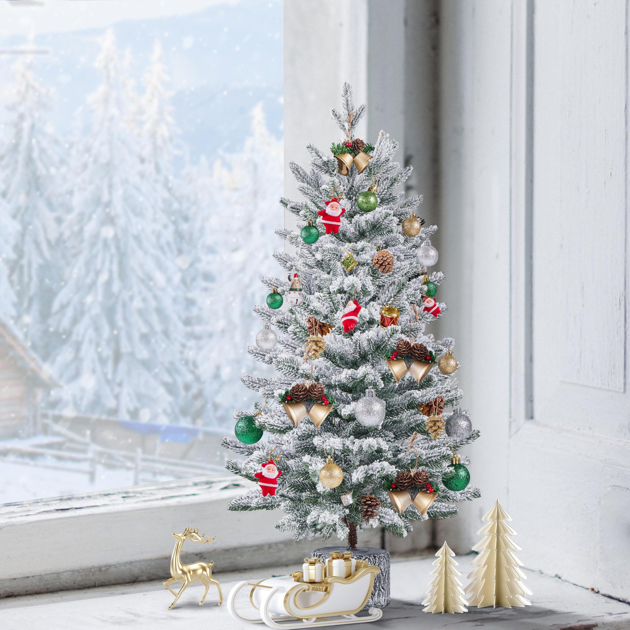 Yaheetech 92 cm Mini Künstlicher Weihnachtsbaum mit Schnee, Eingetopfter Tannenbaum mit 50 LEDs in Warmweiß und 355 Spitzen, Schneebedeckter Beflockter Kleiner Christbaum