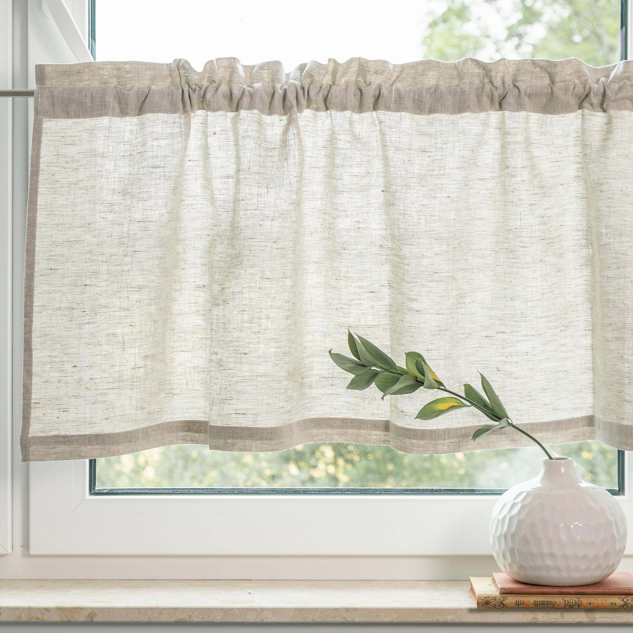Scheibengardine aus Leinen | Bistrogardinen Kurzgardine Leinen | Scheibengardinen Blickdicht Landhausstil Küche Badezimmer Schlafzimmer Beige 140(B) x45(H) cm
