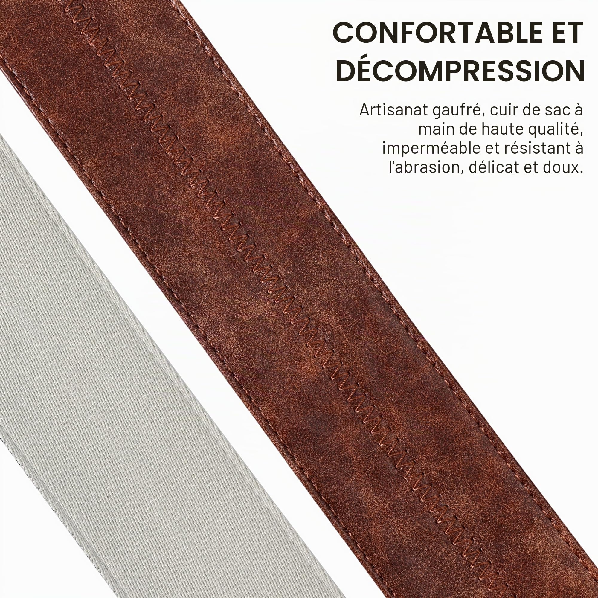 Nefelibata Sangle de guitare avec poche pour médiator, 5,8 cm, en cuir végétalien, style vintage des années 60 (marron)