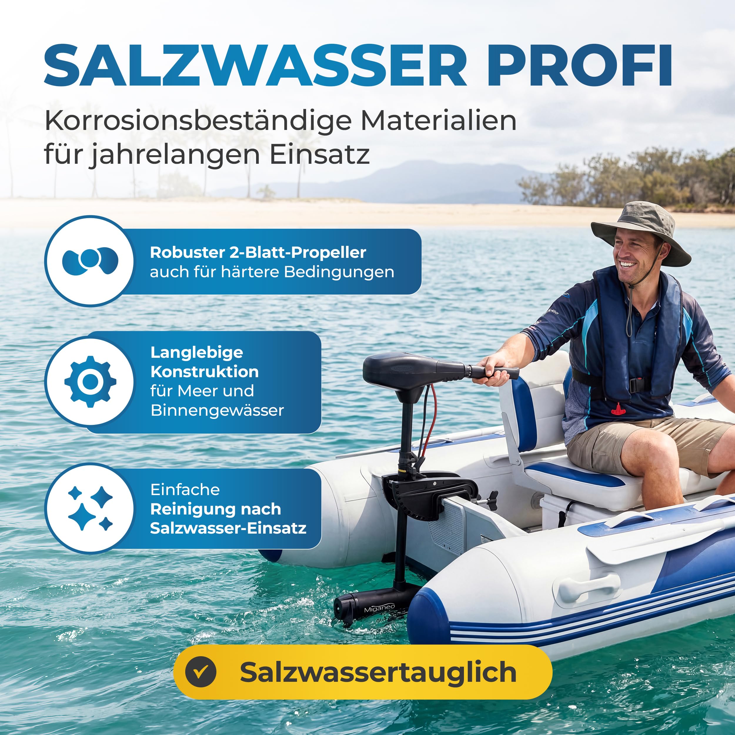 Miganeo Elektromotor Boot TRS 32 lbs – Elektro Außenborder 312 Watt – Salzwassertauglich & mit LED Batterieanzeige – Bootsmotor Elektro 12V auch für Schlauchboote – 5 Vorwärts- & 3 Rückwärtsgänge