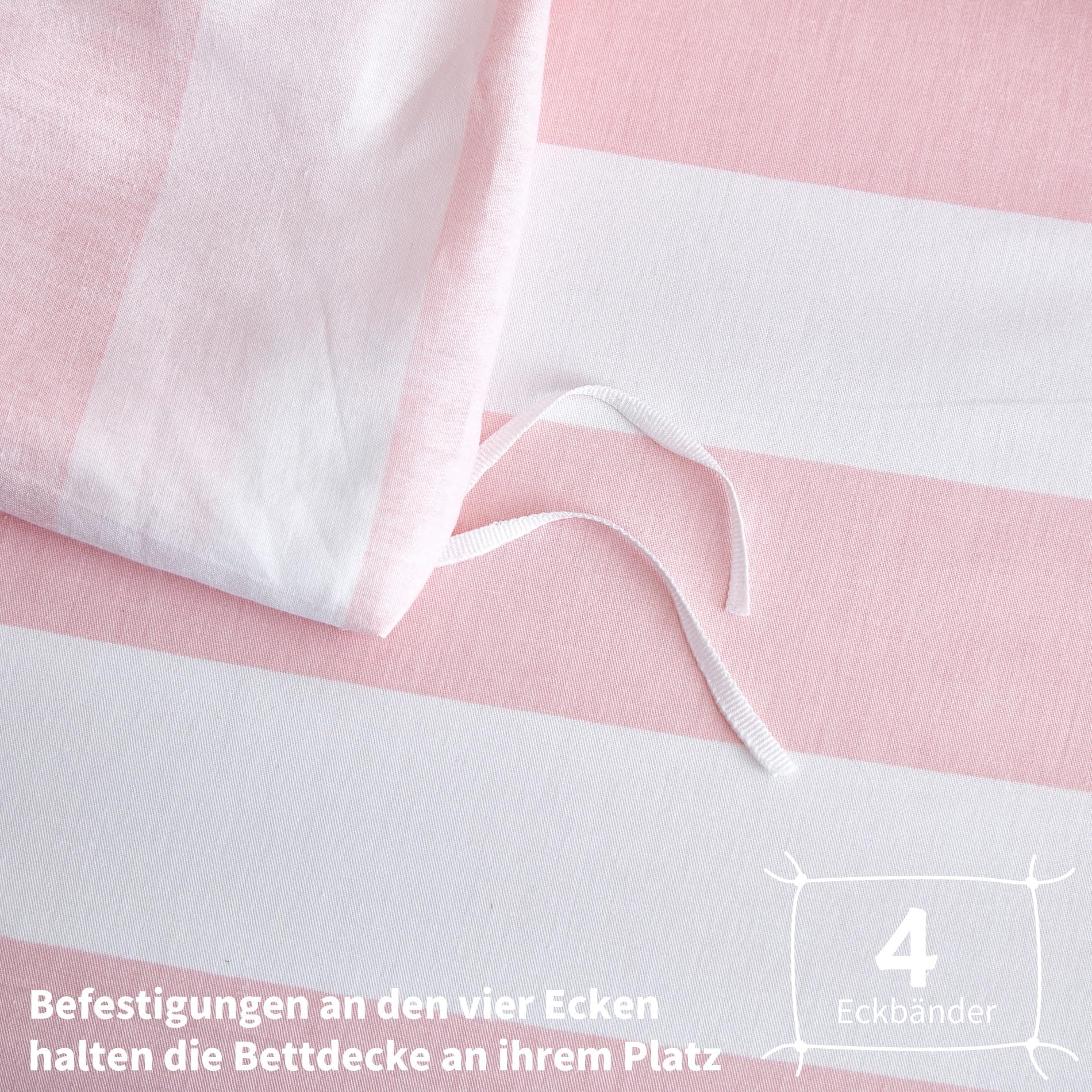 Bettwäsche 200x200 Baumwolle Rosa Weiß Gestreift Bettwäsche Baumwolle Weich Atmungsaktiv Kuschelige Bettbezug Set 3 Teilig mit Reißverschluss und 2 Kissenbezüge 80x80 cm