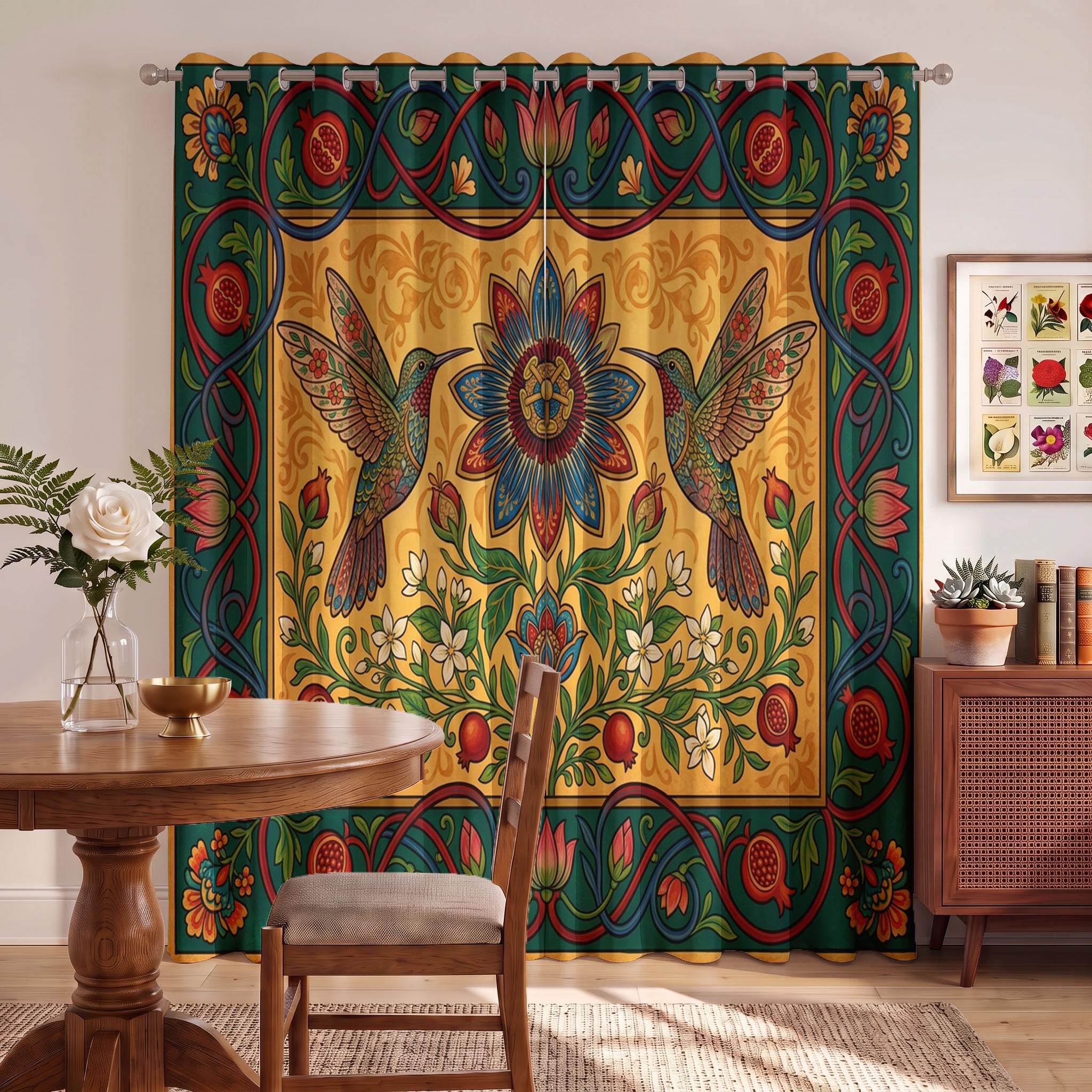 Vorhänge Kolibri Lotus Granatapfel, Verdunkelungsvorhang 2er Set - Retro-Ethno-Stil Vorhang Blickdicht, Thermovorhang Für Deko Wohnzimmer Schlafzimmer, Gardinen Mit ösen H 260 x B 140 cm