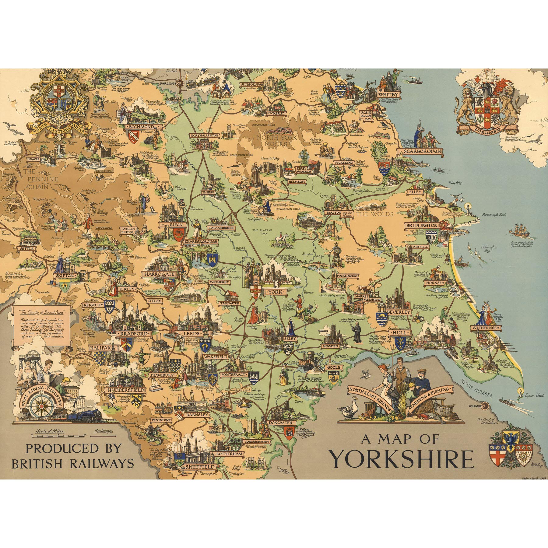 Artery8 Map Clark 1949 Yorkshire England British Railways Large XL Wall Art Canvas Print