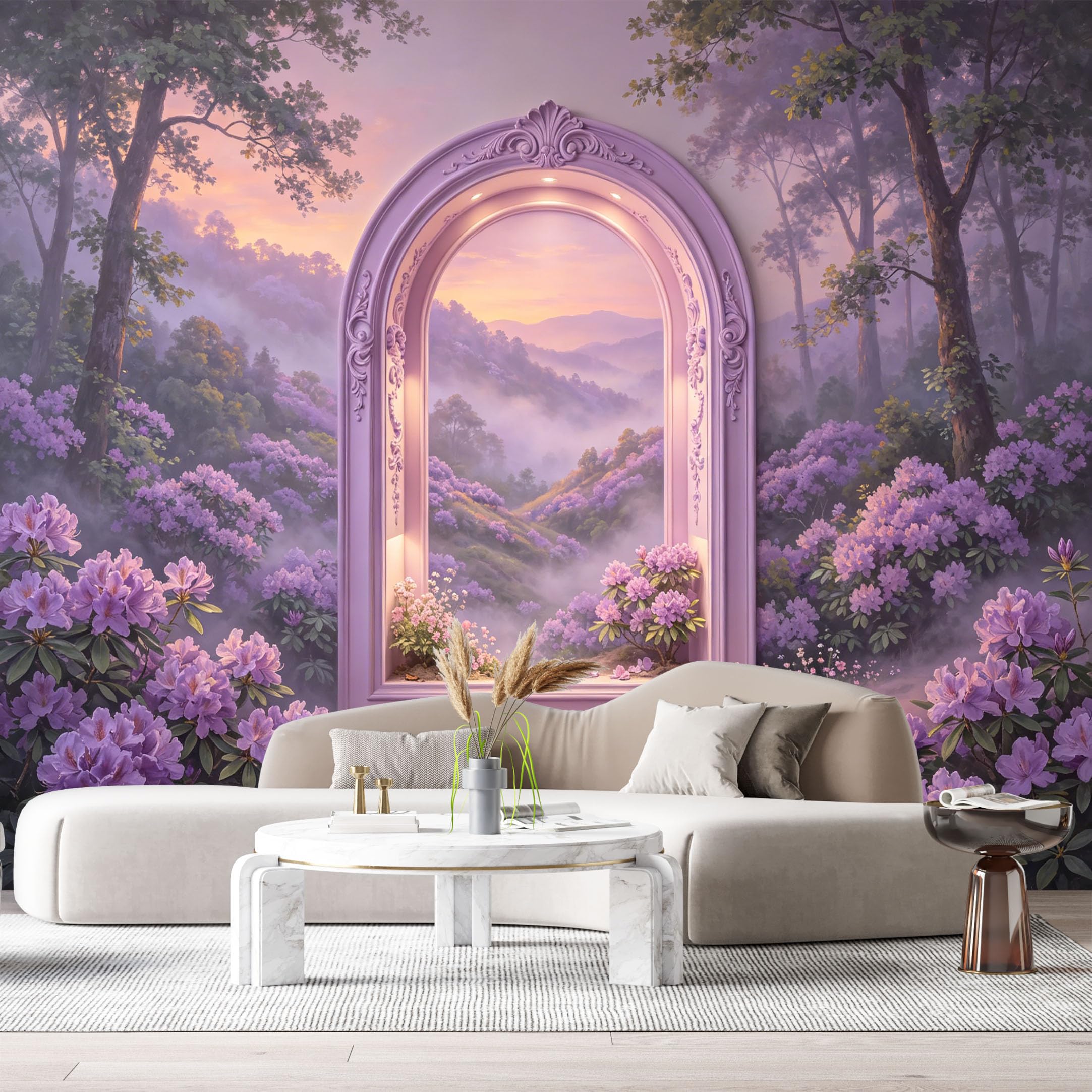 Custom Size Wall Murals Purple Rhododendron Mountain Forest Archway 3D Trompe L'Oeil SelfAdhesiveWall Fabric Removable Wallpaper Wall Decor for Living Room Bedroom Bathroom