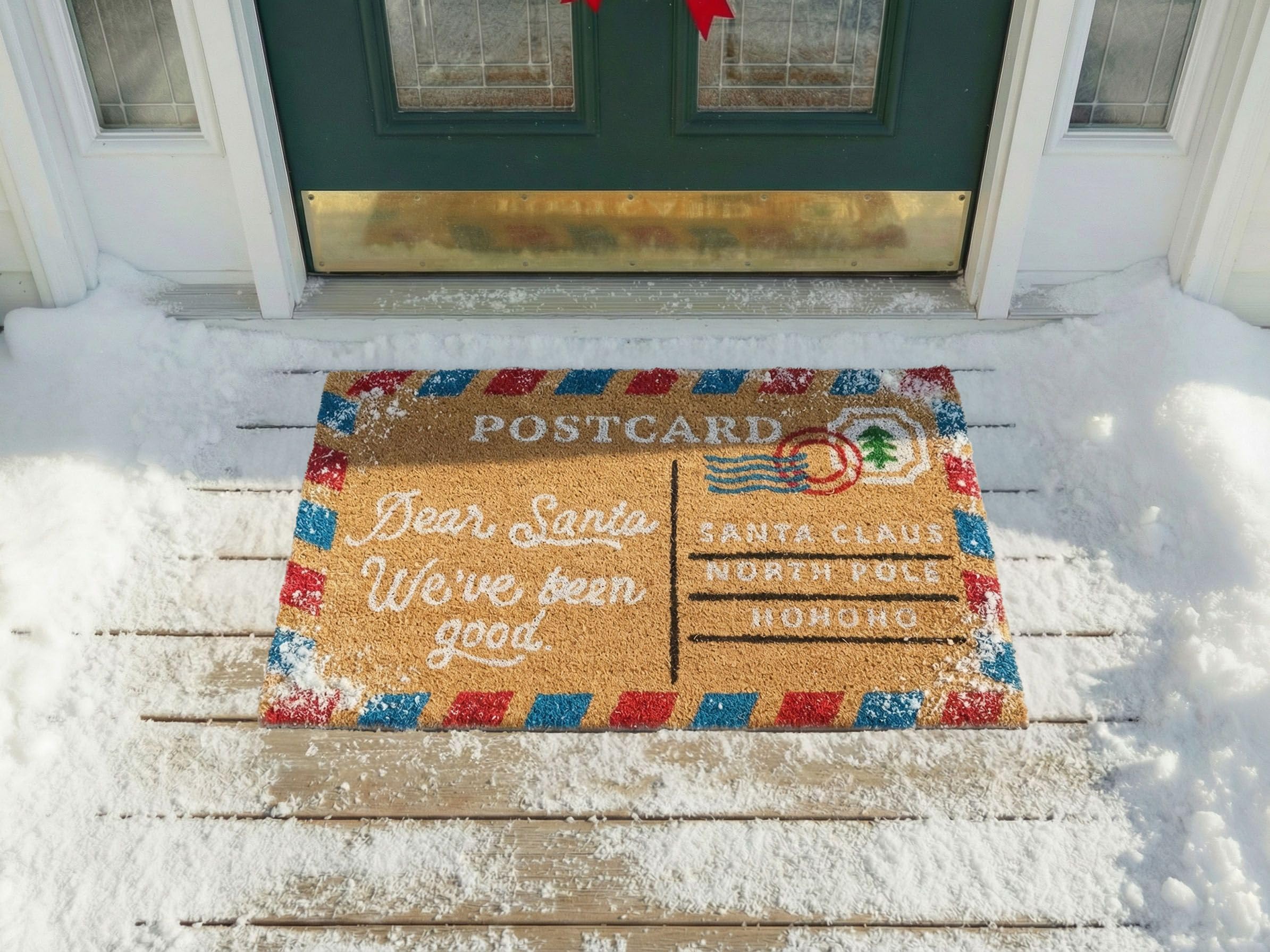 Beliani Felpudo de Bienvenida de Fibra de Coco con Motivo Postal navideña Antideslizante 50 x 80 cm Natural Katalla