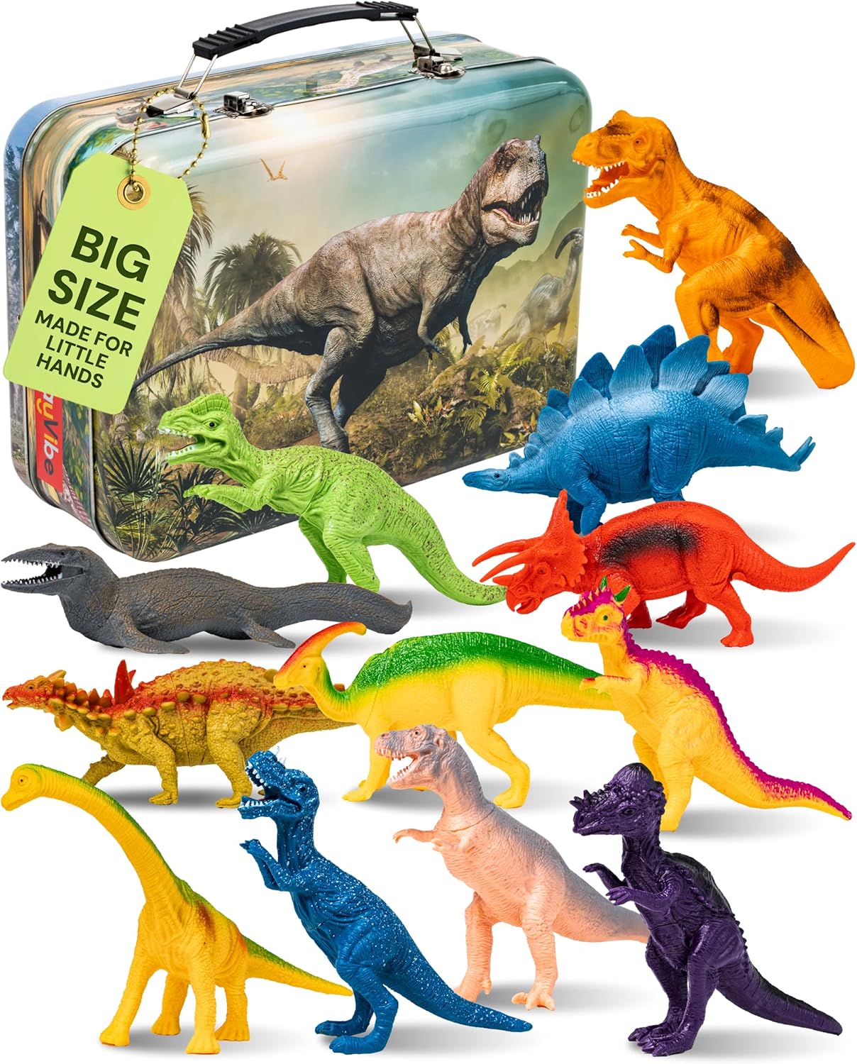 PLAYVIBE Dinosaur Toys - 12 Realistic 9-Inch Models, Multi-Color, Metal Storage Box - Dinosaur Figures & Action Figures for Kids Ages 3-7 - with Metal Storage Box - for Boys & Girls