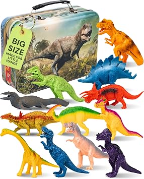 PLAYVIBE Dinosaur Toys - 12 Realistic 9-Inch Models with Storage Box | 12 realistic 9in dinosaur figures - multi-color - metal box - Use for kids ages 3-7, boys, girls & gifts