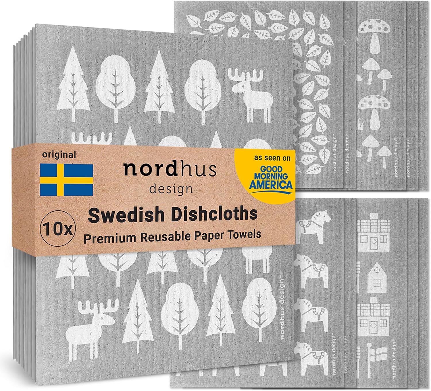Nordhus Design Swedish Dishcloths,10 Grey Cloths, Made in Sweden – Reusable, Washable Cellulose Cotton Kitchen Cloths – Replace Paper Towels, Wipes, Sponges, Dish Rags