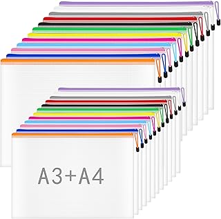 Dokumententasche A3+A4 mit Reißverschluss, 24 Stück Wasserdichte Dokumententaschen, PVC Dokumenten Tasche für Büro Schule Haushalt