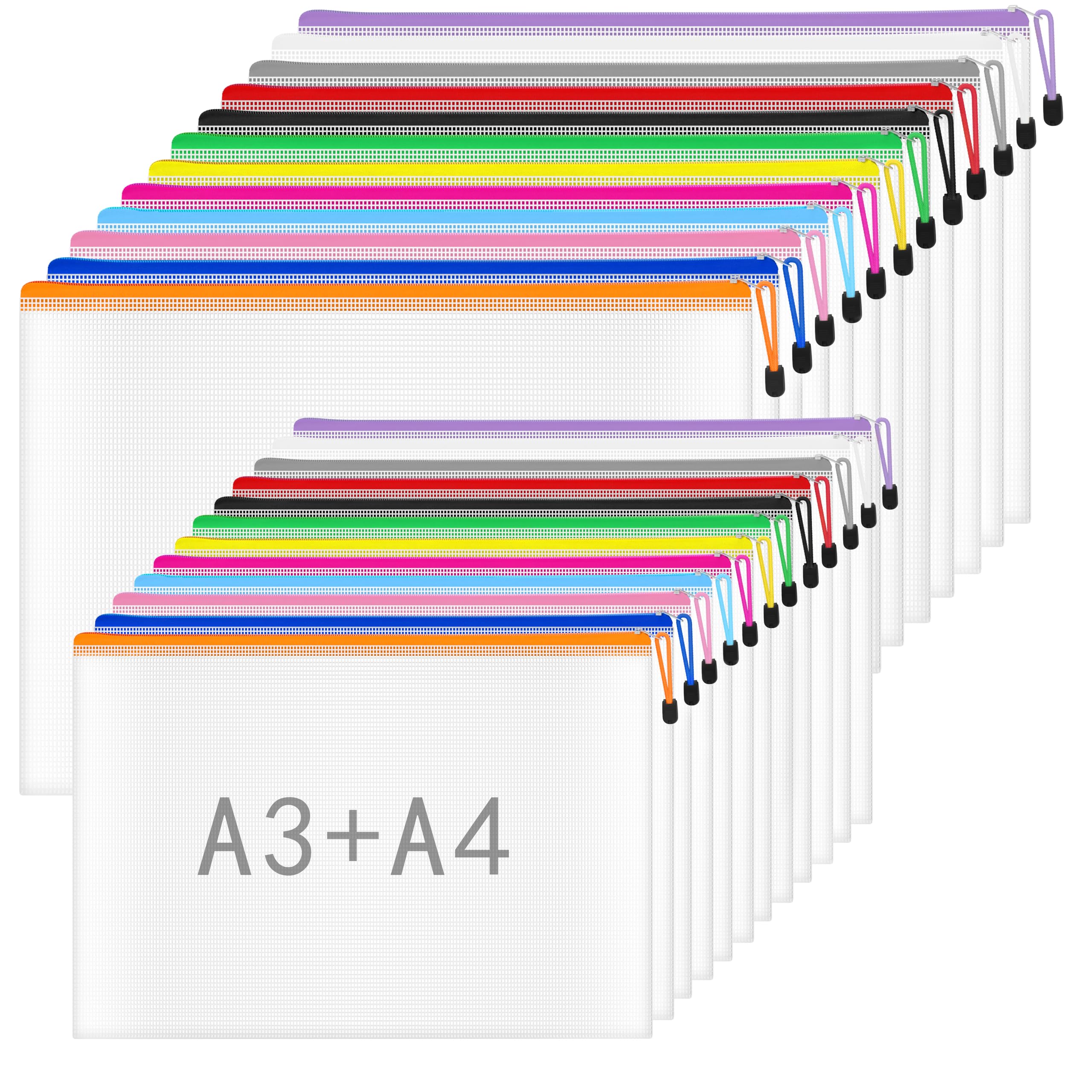 NORTHERN BROTHERS A3 Plastic Wallets A4 Zip Wallets - 24PCS Zip Folders Zip Document Folder Large Ziplock Bag Mesh Zipper File Bags (A3/A4)