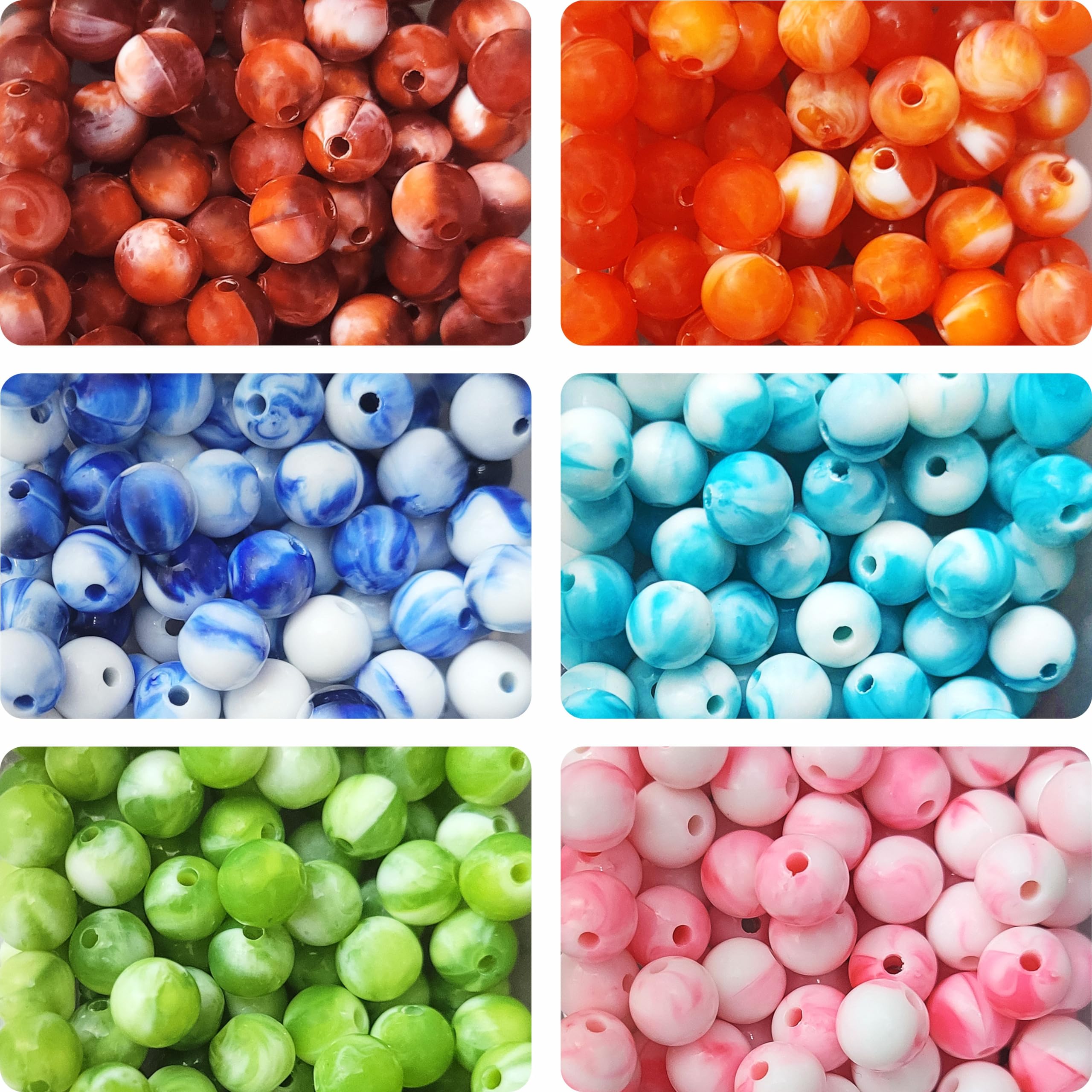 INDIKONB Lucid Marble Beads Size 8mm - Multicolour Acrylic Beads for DIY Jewelry Making - Total Approx. 250 Pieces - 6 Color Series