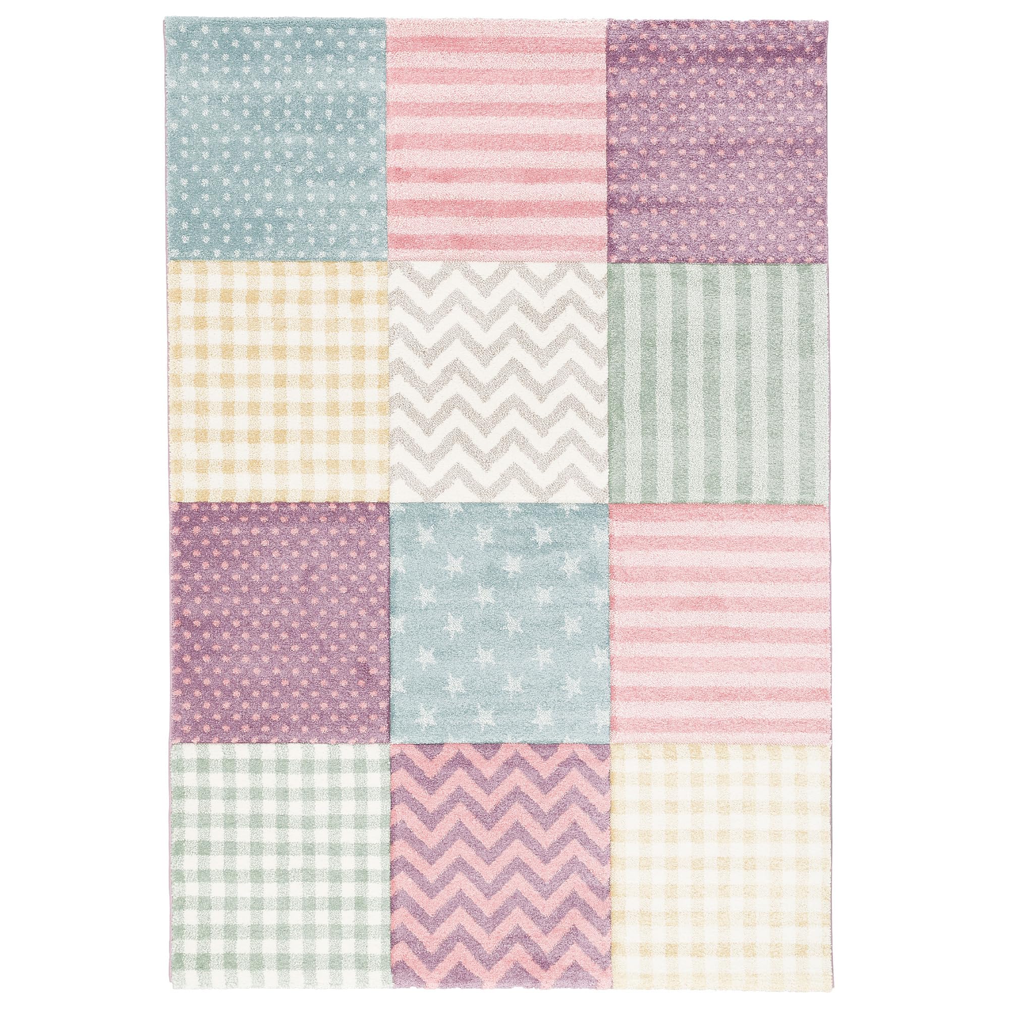 Pergamon Maui Kids - Tapis pour Enfant - Carreaux et étoiles Couleurs Pastel Rose - 5 Tailles Disponibles