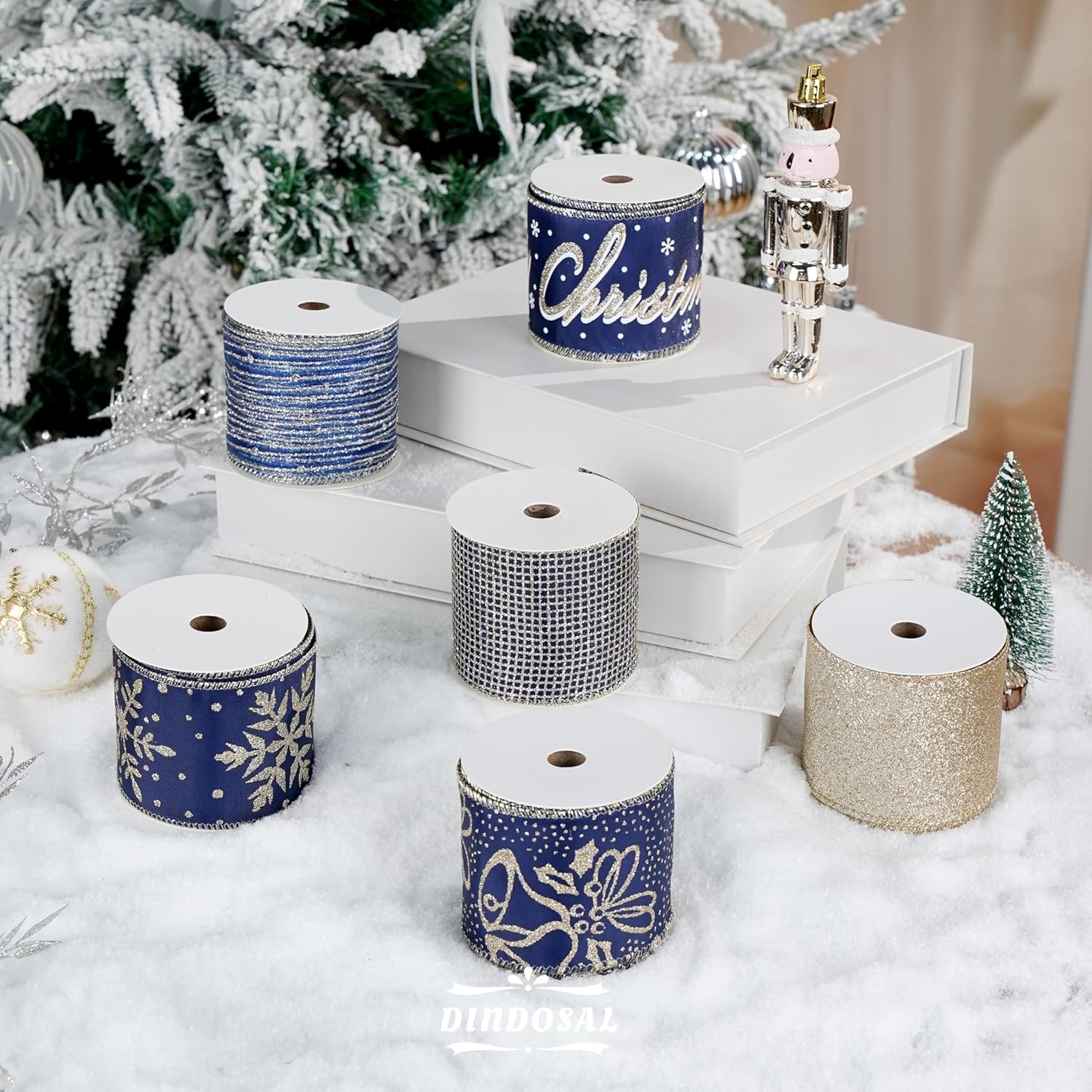 Blue Christmas Ribbon Wired 2.5 Inch, 6 Rolls 36 Yards Navy Blue and Champagne Gold Christmas Tree Ribbon for Wreaths, Topper Bows, Gifts, Ribbon for Christmas Decoration