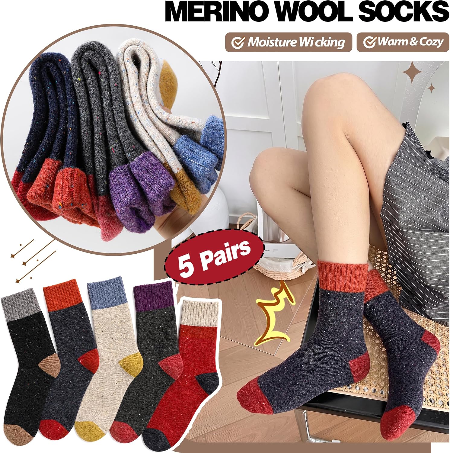 Sandsuced 5 Pack Merino Wool Boot Hiking Socks for Women Warm Winter Thick Thermal Cozy Work Soft Ladies Socks image 2