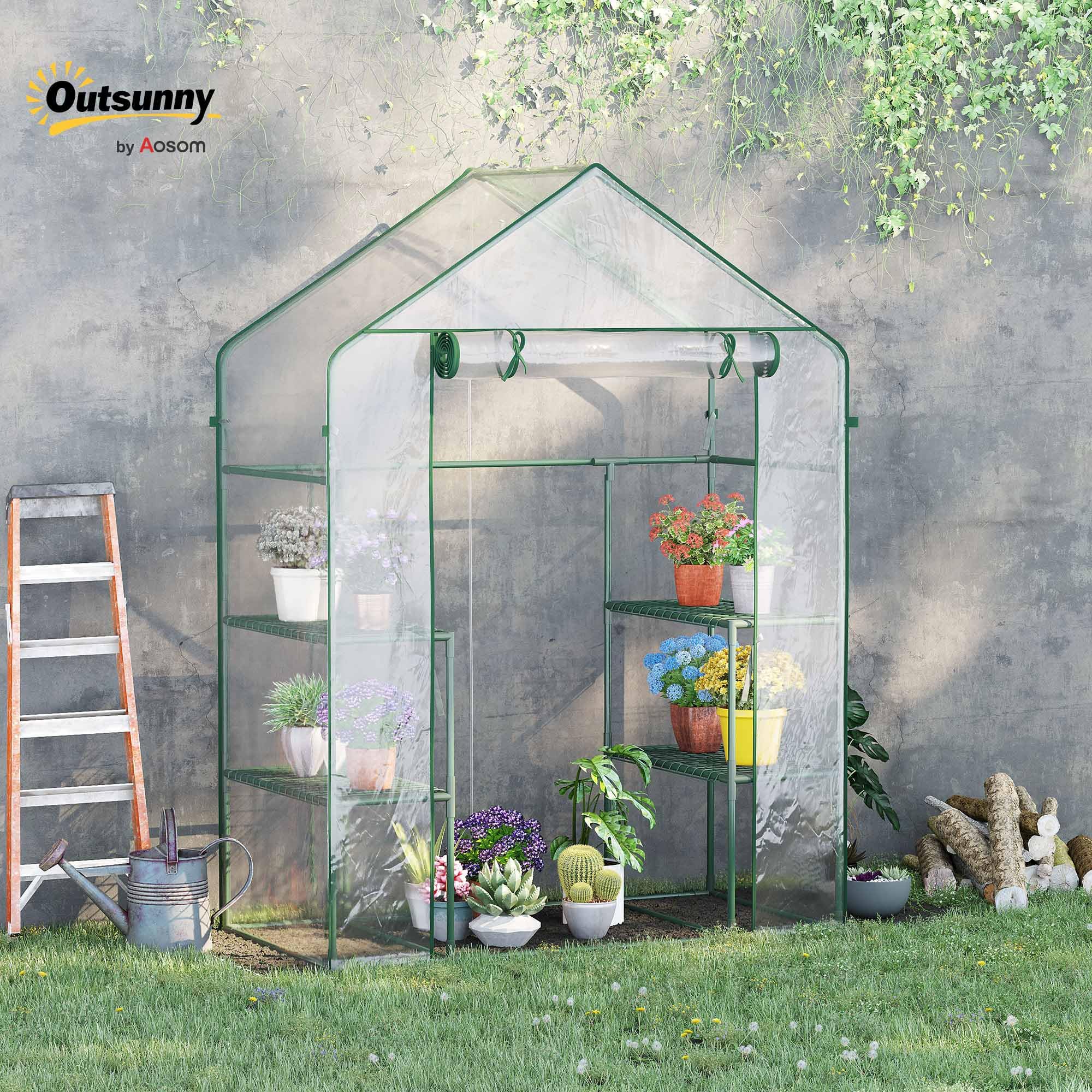 Outsunny Serre de Jardin avec étagère 4 Niveaux 142 x 73 x 195 cm Plastique Haute densité 140 g/m² Anti-UV avec Porte déroulante Transparent Vert