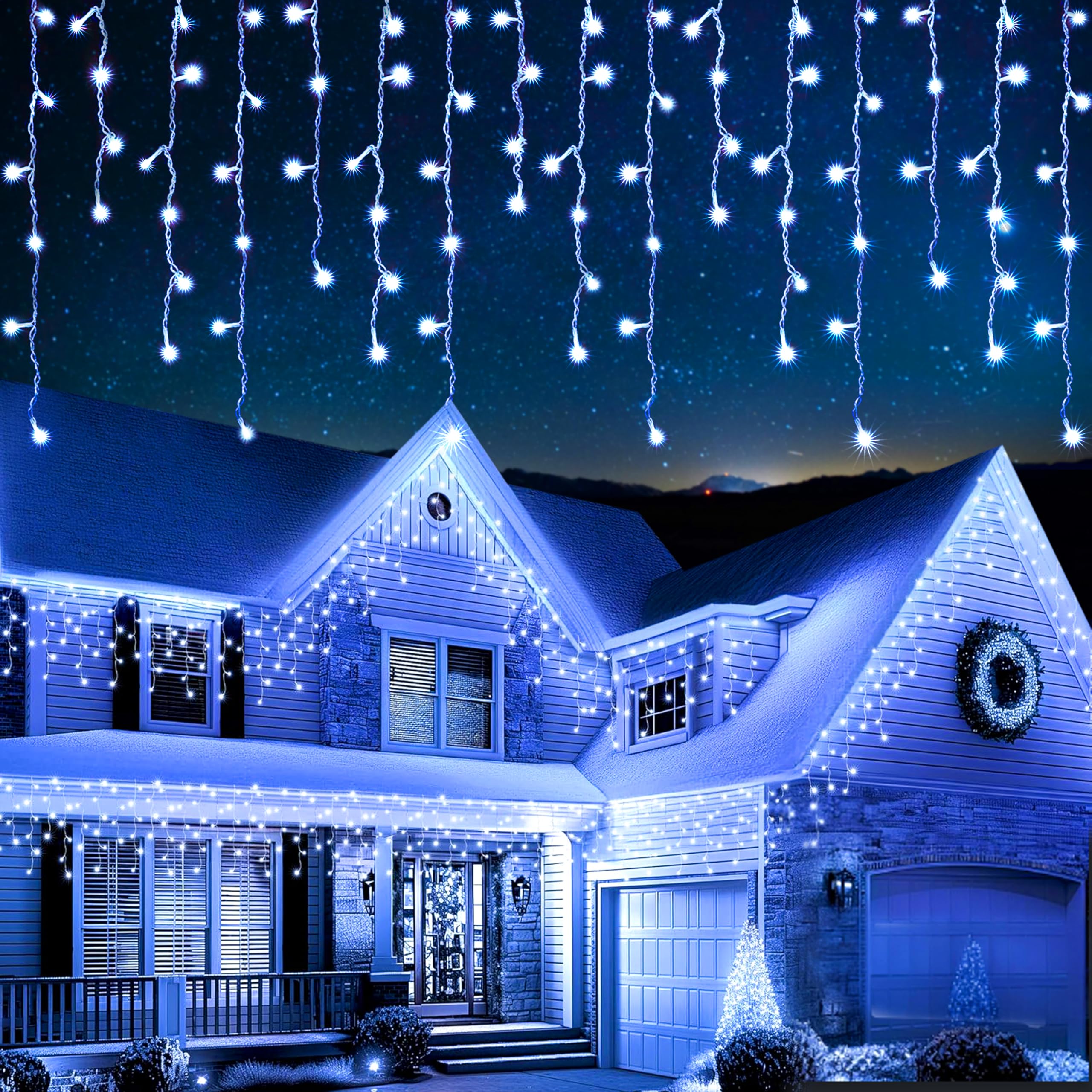 EcoNour Icicle Lights Outdoor Christmas Lights 1000 LED 35M Cool White Decorations String Fairy Lights with Timer for Xmas Garden & Party | Mains Powered Clear Cable