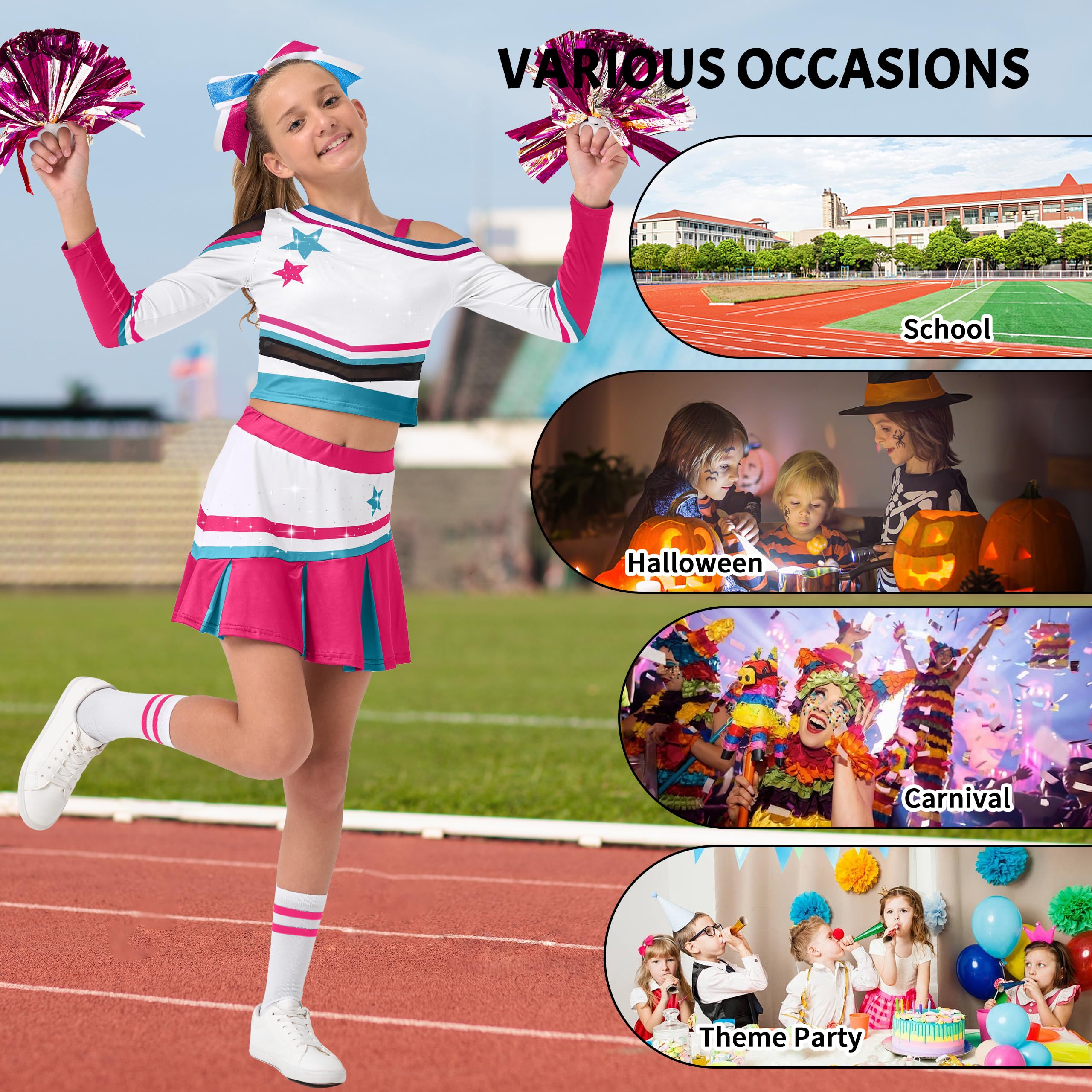 LOLANTA Girls Sparkly Cheerleader Costume with Pom Poms, Hair Bow & Socks, Fancy Dress Outfit, pink, 9-10 Years, 140 - Image 4