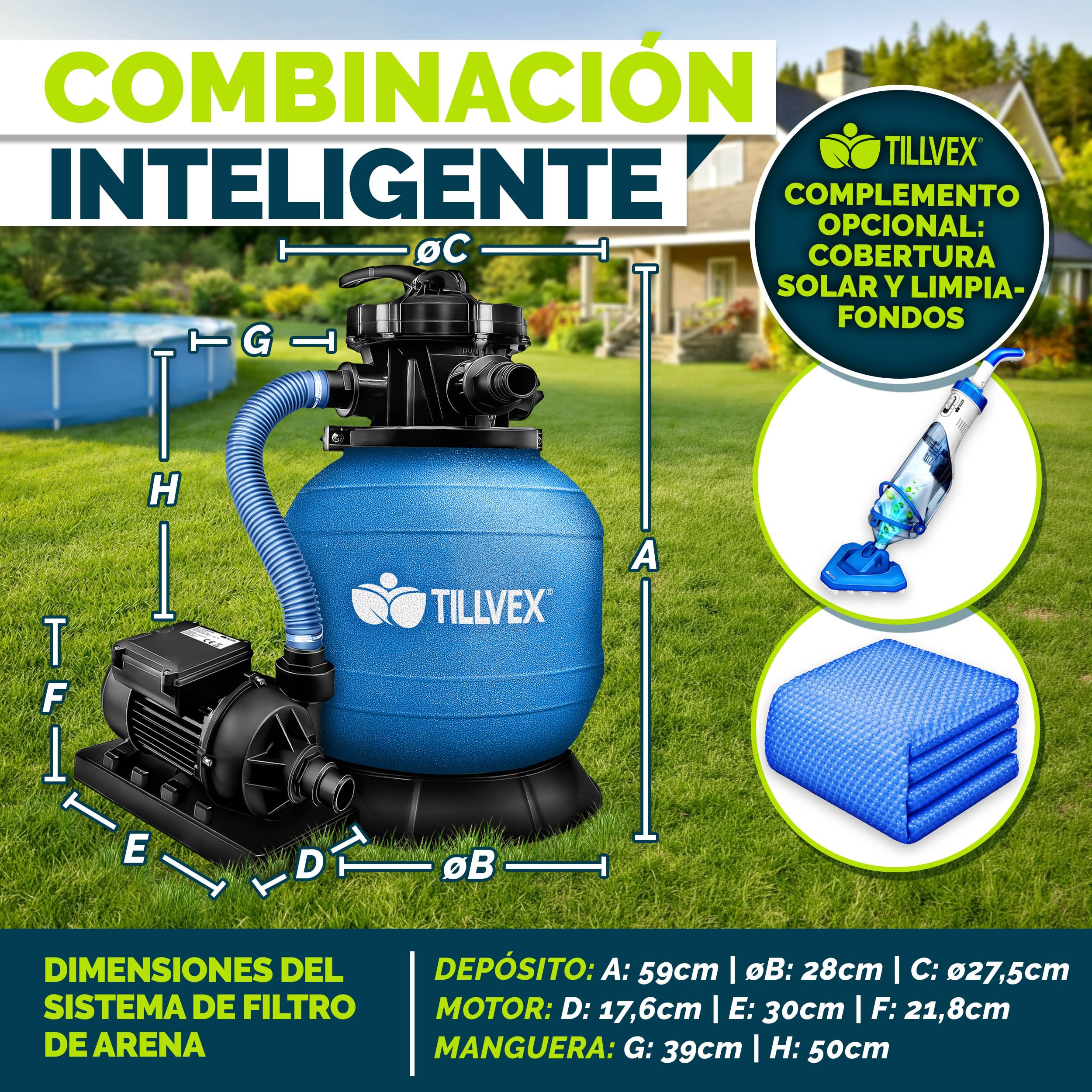 tillvex Depuradora de Agua para Piscina 7.900L/h + 400g Bolas de Filtro | 7 Funciones de Filtrado & Adaptador Ø32-38mm | Filtro de piscina con indicador de presión (Azul)