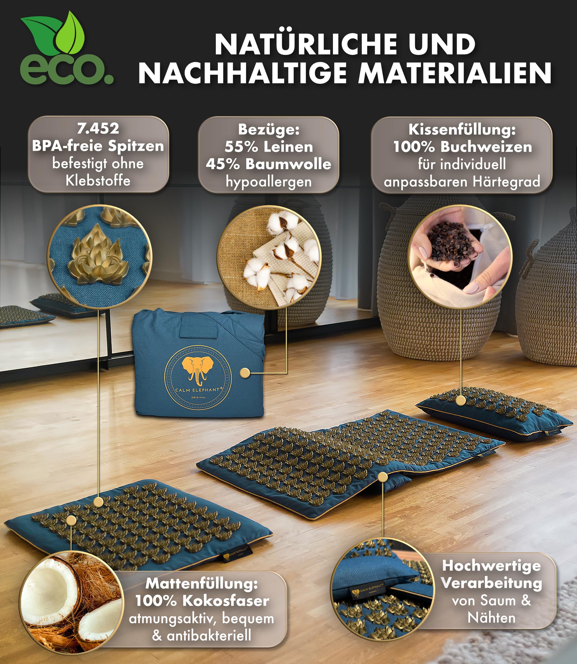 CALM ELEPHANT ORIGINAL® Akupressurmatte mit Kissen XXL Set MANDALA PRO 5-teilig Massagematte Rücken Akupunktur Matte blau