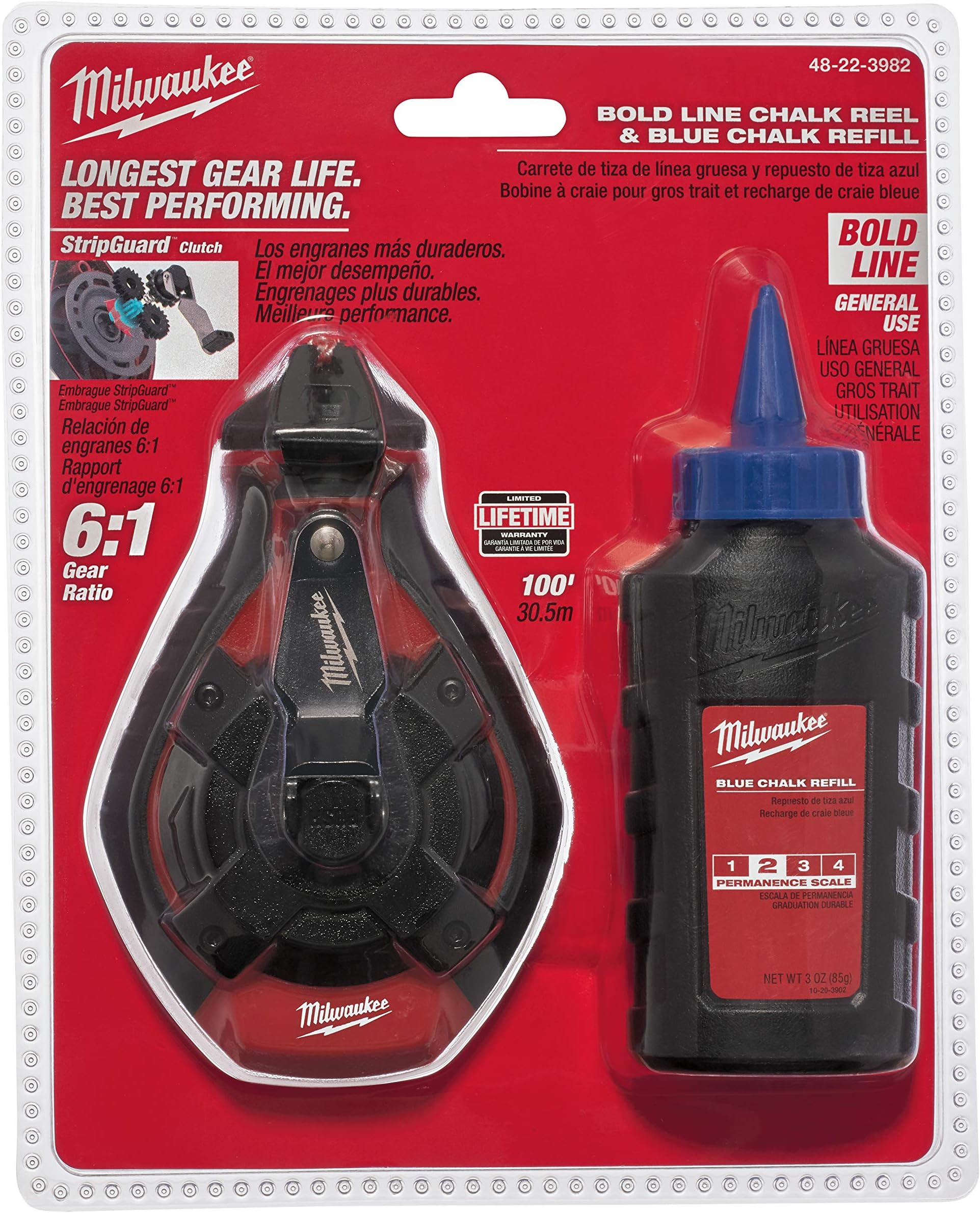 Milwaukee 48-22-3982 Bold Line Chalk N Reel - 100-Ft With 3oz Blue Chalk, Red/Black Case