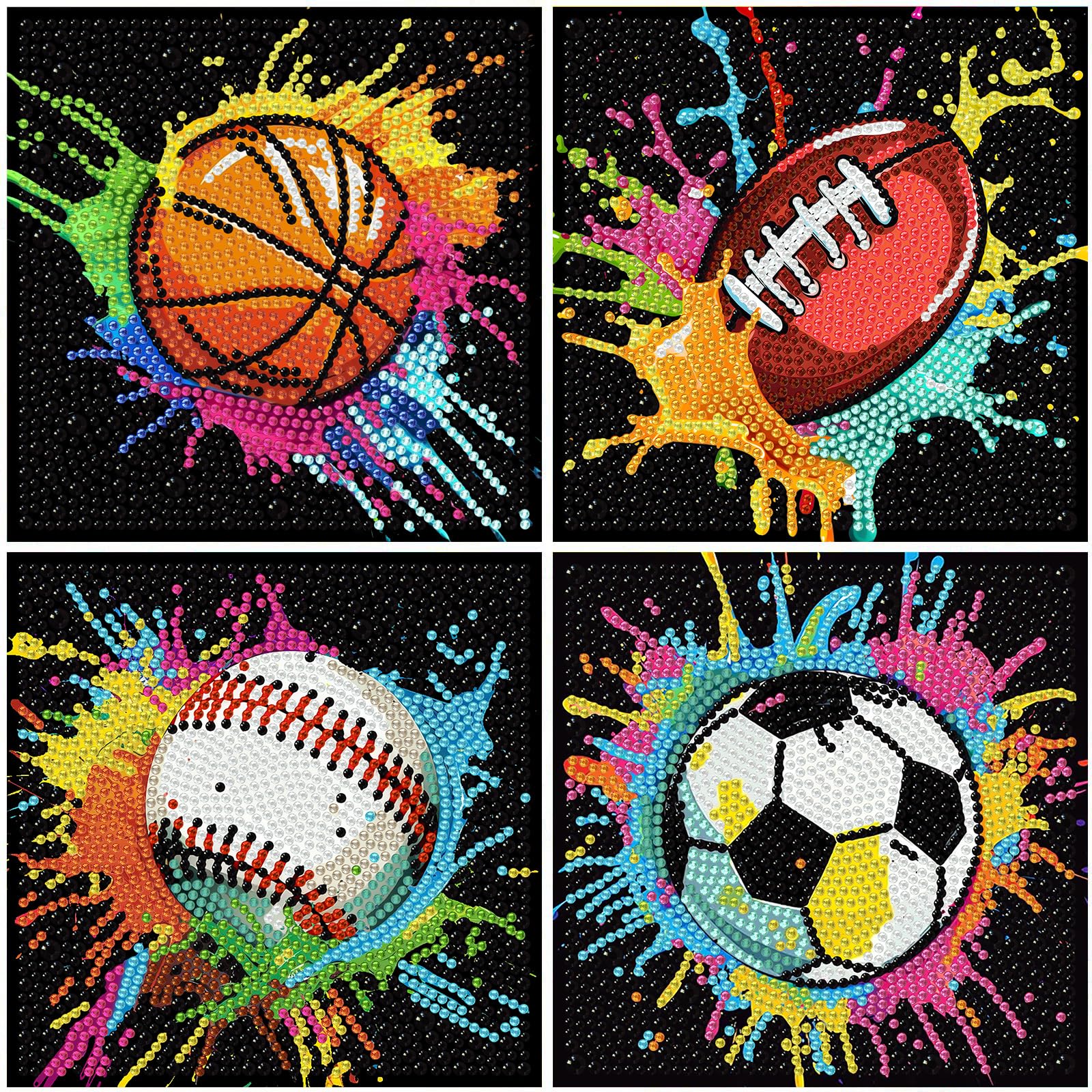 YarnWhimsy 4 Pack Diamond Art for Kids, Football Diamond Art Kits Kids, Sports Diamond Painting Kit Gem Crafts for Kid Teenage Girls Boys Ages 7 8 9 10 12 for Gift Home Wall Decor (6x6 Inch)