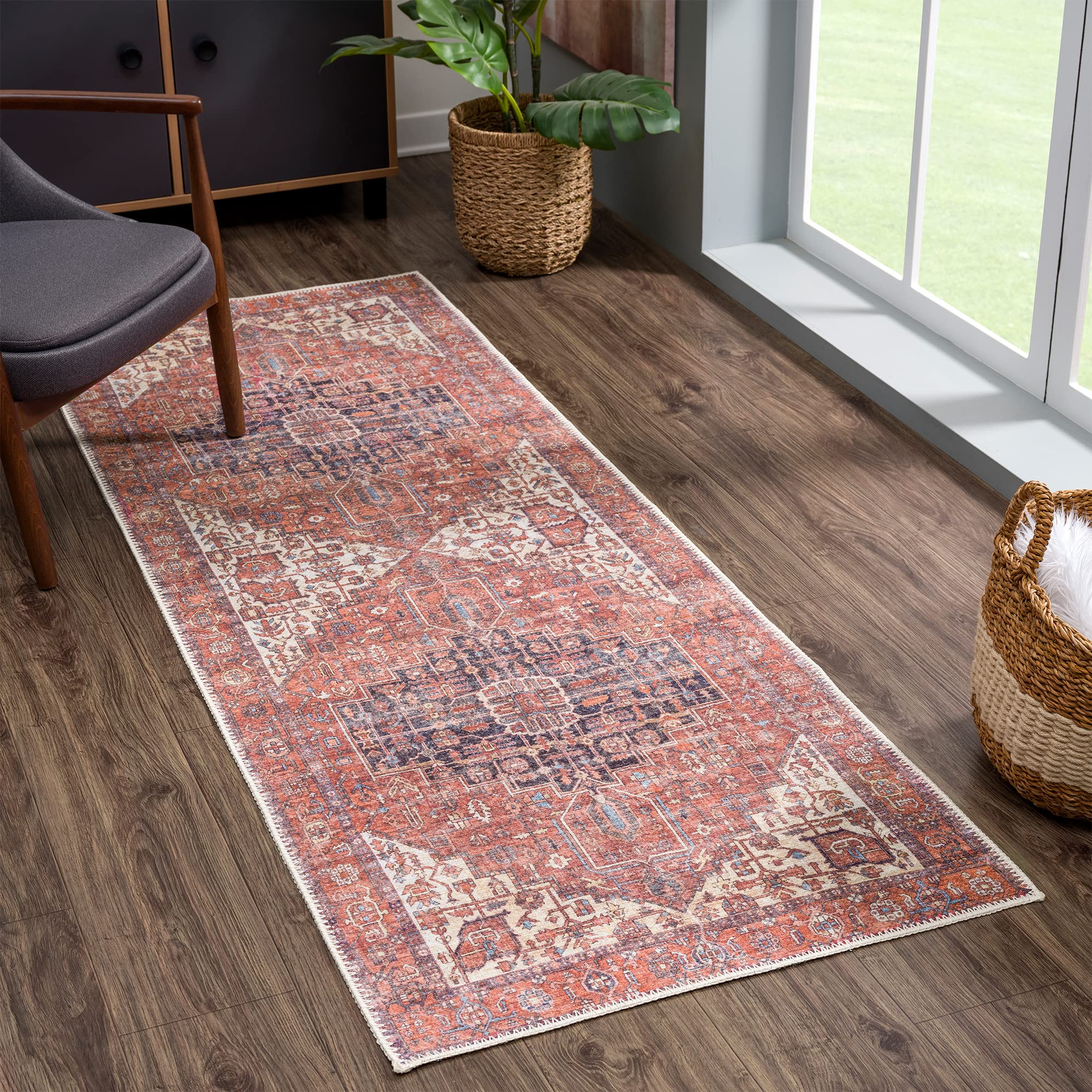 Bloom Rugs Washable 7 ft Runner - Red/Orange/Beige Traditional Runner for Entryway, Hallway, Bathroom, and Kitchen - Exact Size: 2.5' x 7'