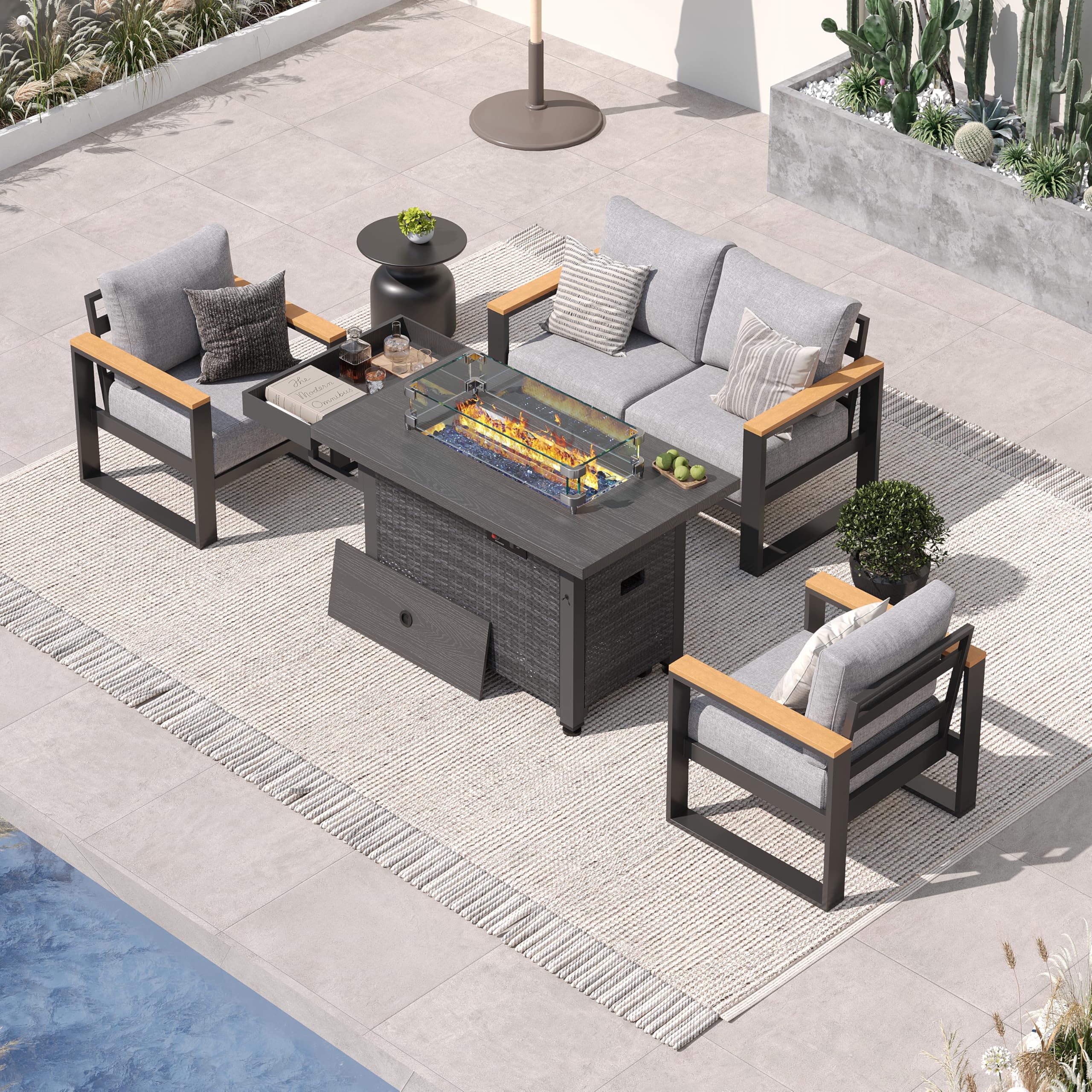 Sundale Outdoor Aluminum Patio Furniture Set with Wicker Fire Pit Table