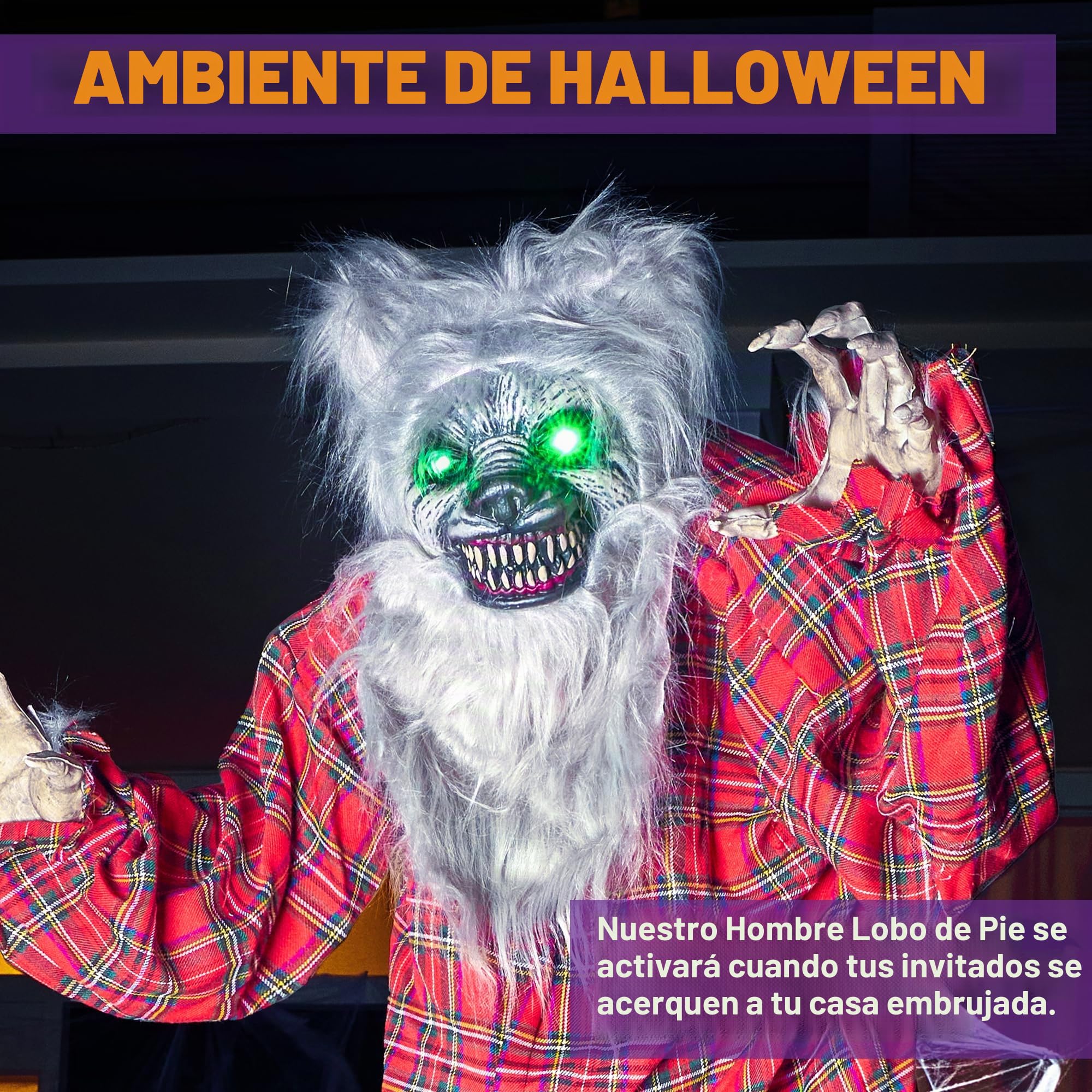 JOYIN Halloween 170 cm Animatrónico Hombre Lobo de pie Decoración Animada con Ojos aterradores y Brillantes (activados por luz y Sonido) para Accesorios de casa encantada de Halloween