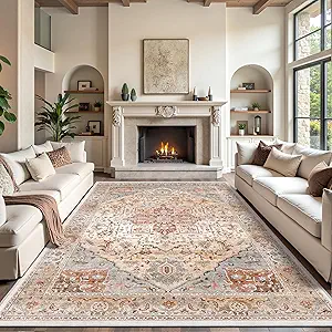 Rugland 8x10 Area Rugs - Stain Resistant Washable Rug, Anti Slip Rugs for Living Room, Vintage Tribal Area Rugs(Medallion 01-Orange/Grey, 8'x10')
