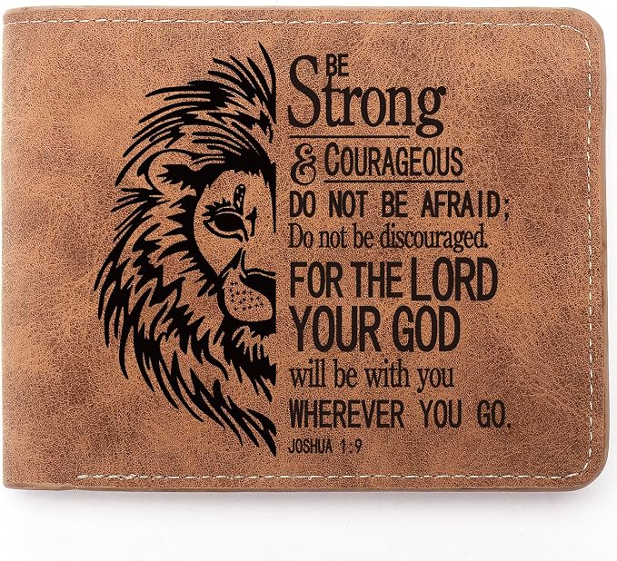 Brown leather bifold wallet engraved with a Bible verse